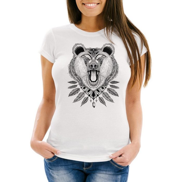 Neverless Print-Shirt Damen T-Shirt Bär Boho Bear Zentangle Bohemian Atzec Federn Slim Fit Neverless® mit Print
