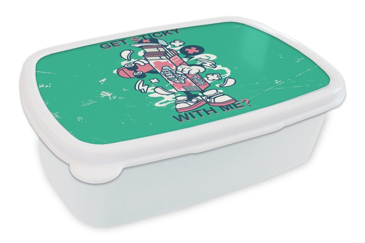 MuchoWow Lunchbox Jahrgang - Kaugummi - Skateboard, Kunststoff, (2-tlg), Brotbox für Kinder und Erwachsene, Brotdose, für Jungs und Mädchen weiß