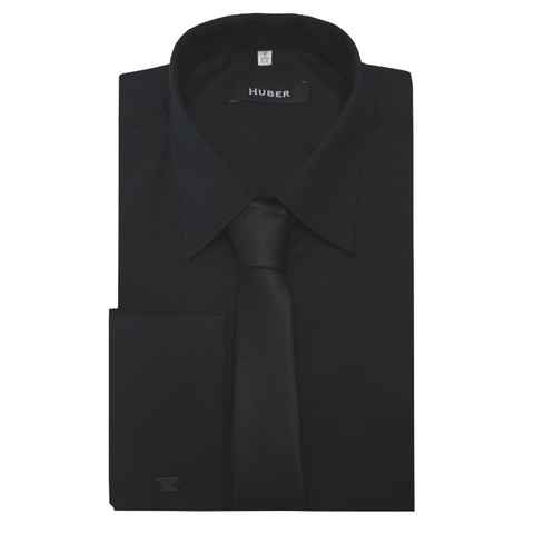 Huber Hemden Businesshemd HU-5011 Umschlag-Manschetten +Krawatte schwarz Einstecktuch Manschettenknöpfe
