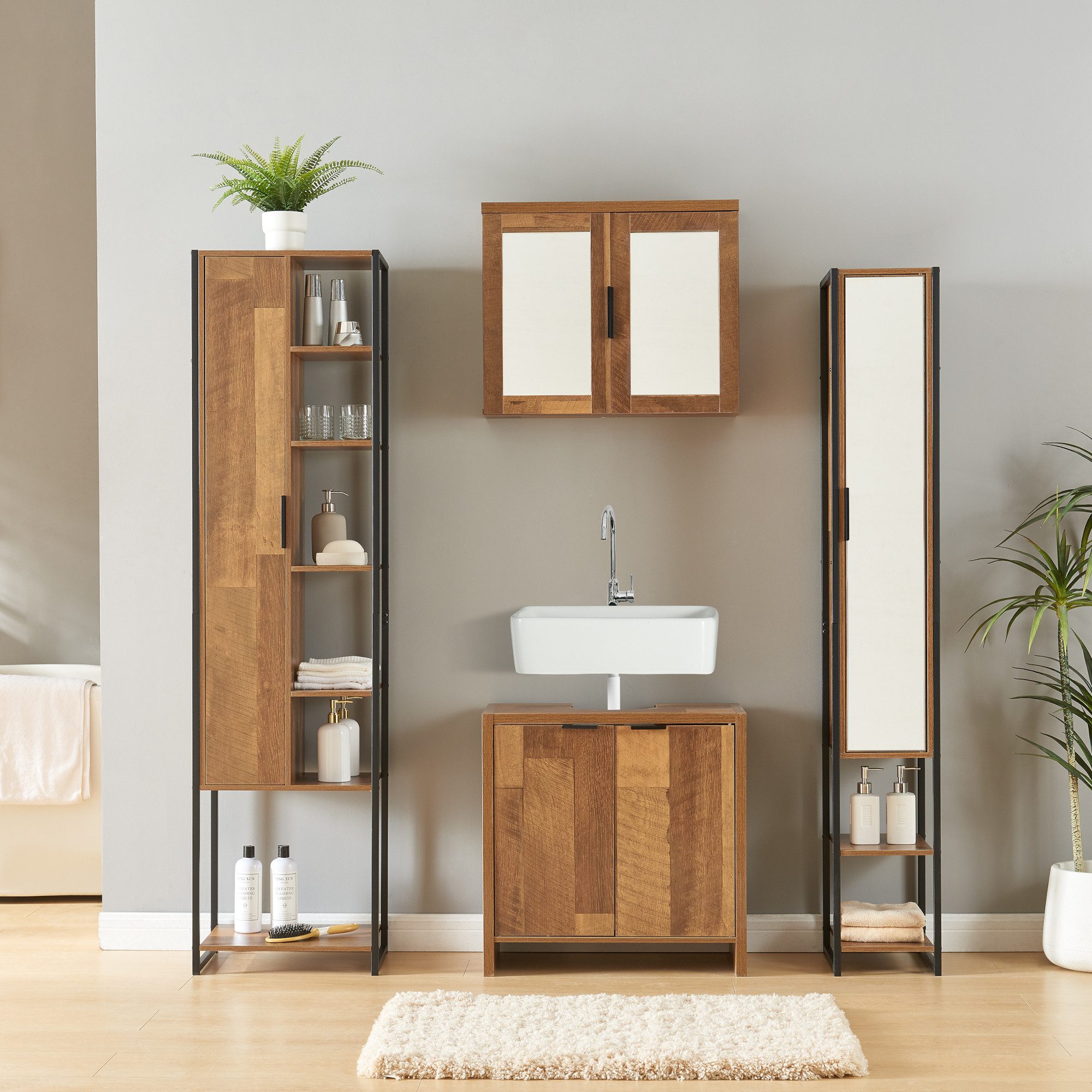 en.casa Badmöbel-Set, (Set, 4-St., 1x Waschbeckenunterschank, 1x Spiegelschrank, 2x Hochschrank), »Namsskogan« Walnussoptik