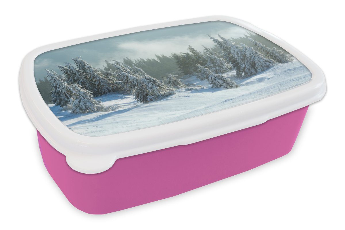 Schnee rosa Kinder, Lunchbox - - Wald Kunststoff für Erwachsene, (2-tlg), Mädchen, MuchoWow Winter, Brotbox Snackbox, Brotdose Kunststoff,
