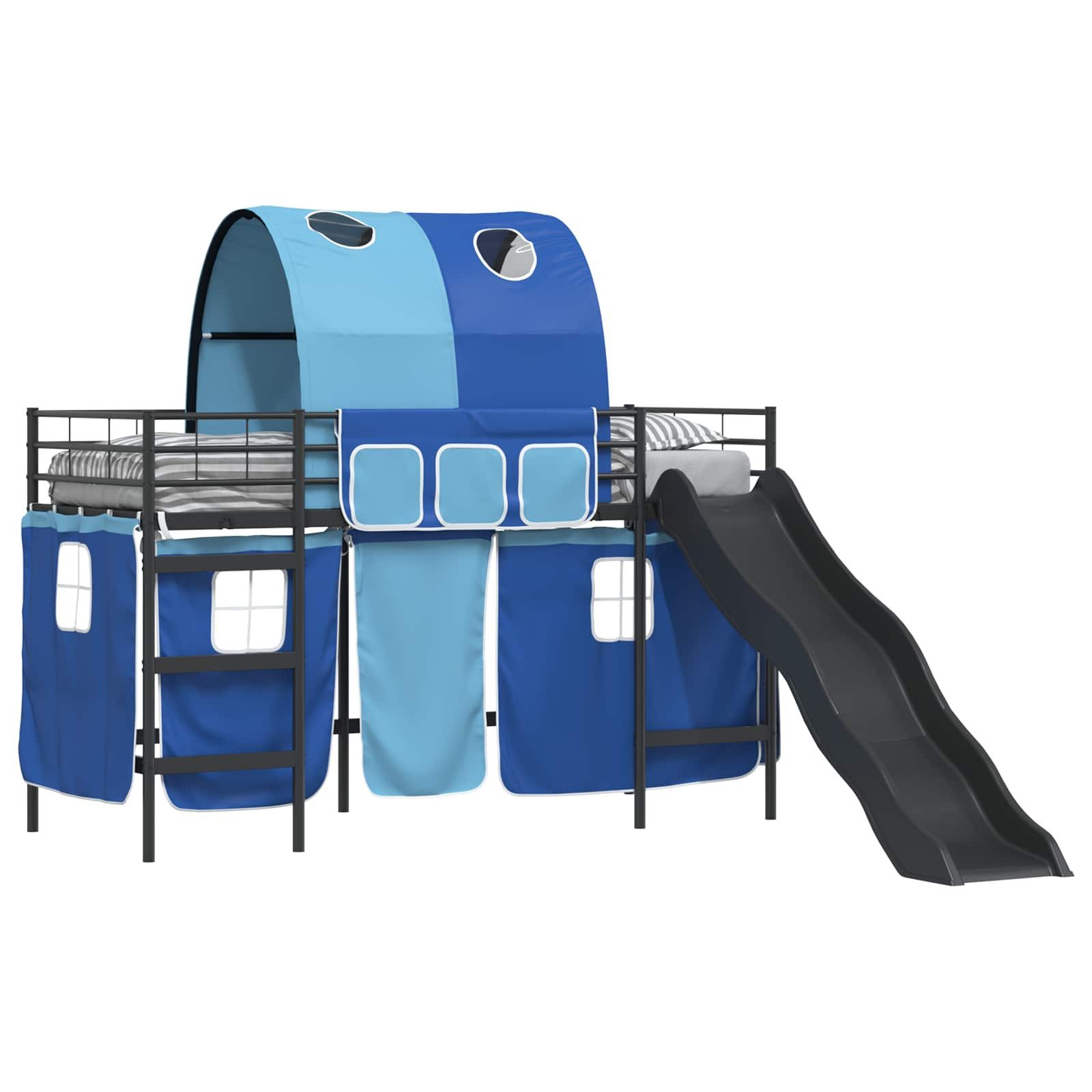 vidaXL Bett Etagenbett für Kinder mit Vorhängen Uni Schwarz und Blau Metall (1-tlg)