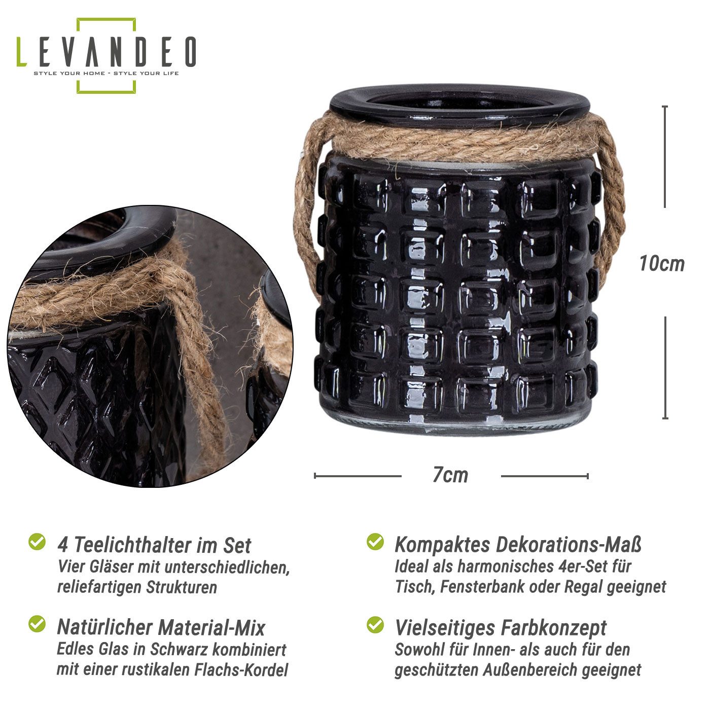 Levandeo® Teelichthalter, 4er Set Windlicht Glas Schwarz H10cm Teelichthalter Tischdeko Kerzen