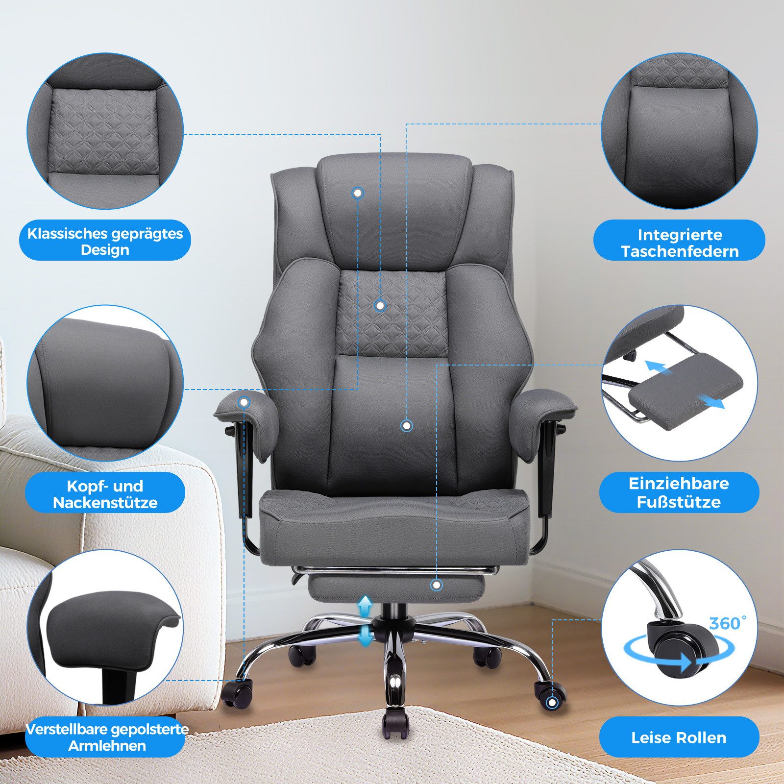 GTPLAYER Gaming-Stuhl für Große und Schwere Personen, ergonomischer Bürostuhl bis 180 kg, 3D Sitzkissen, verstellbar mit Fußstütze für Büro & Gaming