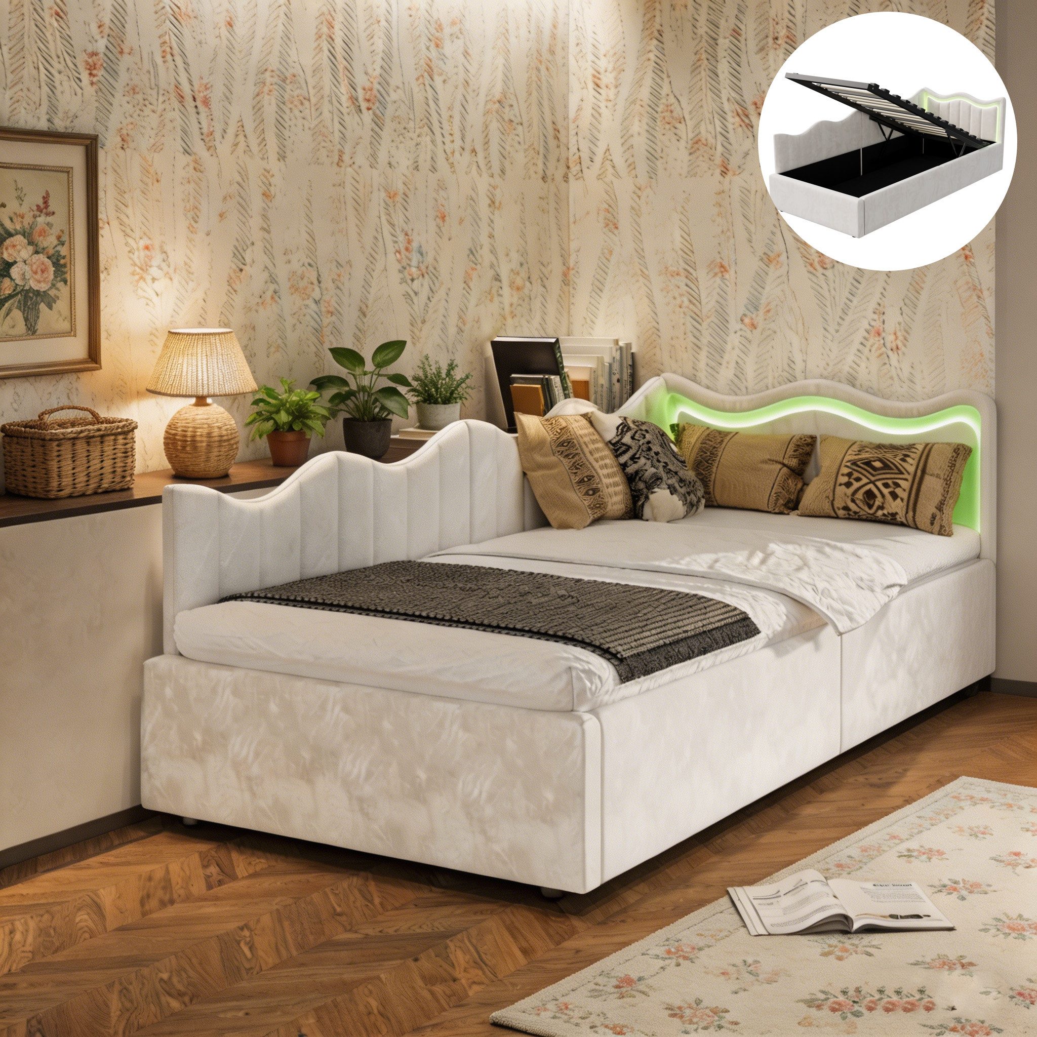 Simurq Daybett Schlafsofa 90x200, mit Bettkasten, Samt, Beige, Polsterbett, Hydraulisch hebbarer Stauraum, Mit LED, Samt, 90x200cm