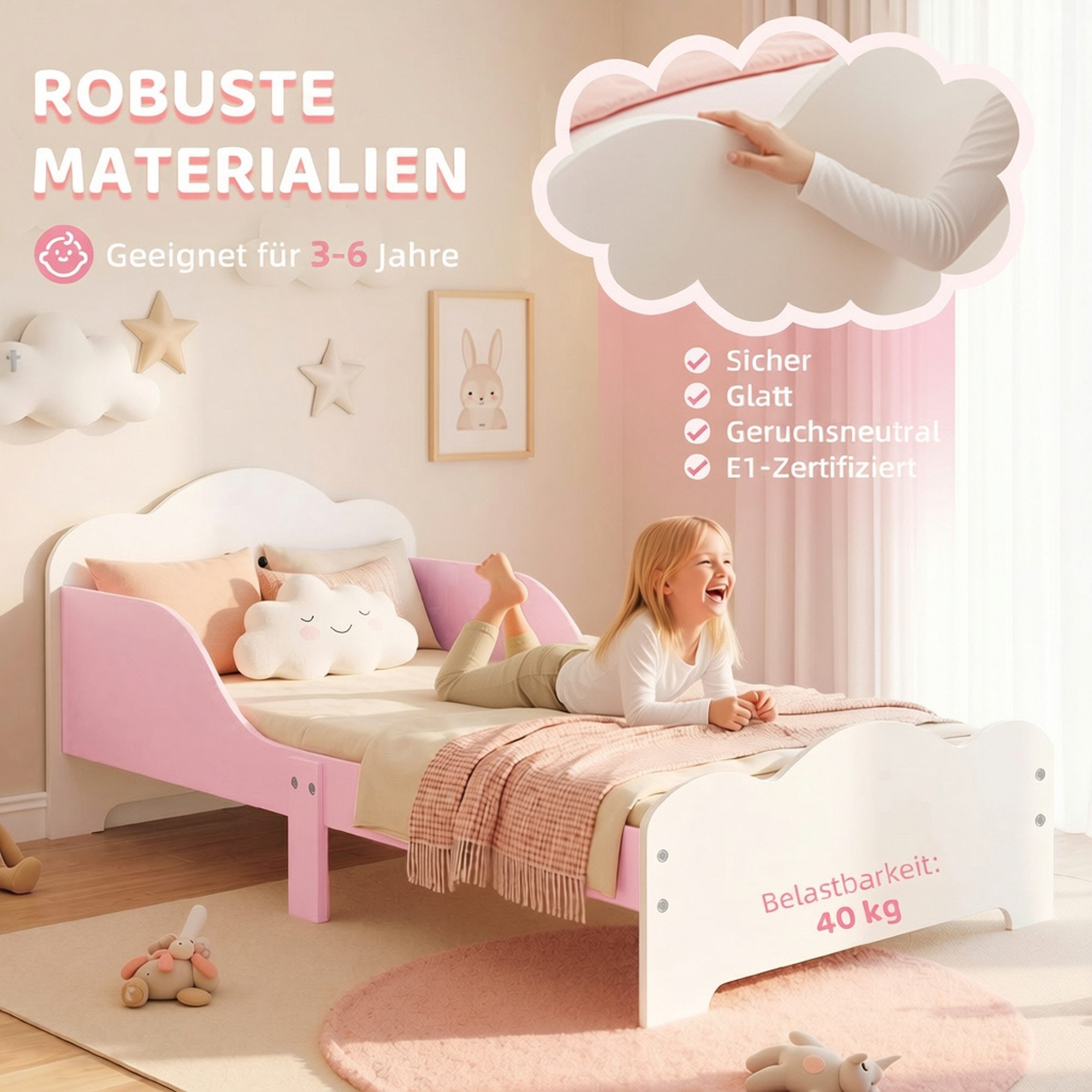 AIYAPLAY Kinderbett Kleinkindbett mit Rausfallschutz und Lattenrost, Jugendbett, Rosa (Einzelbett, 1-tlg., Bett mit Schutzgitter, ohne Matratze), Montessori-Bod – Bild 4 von 5
