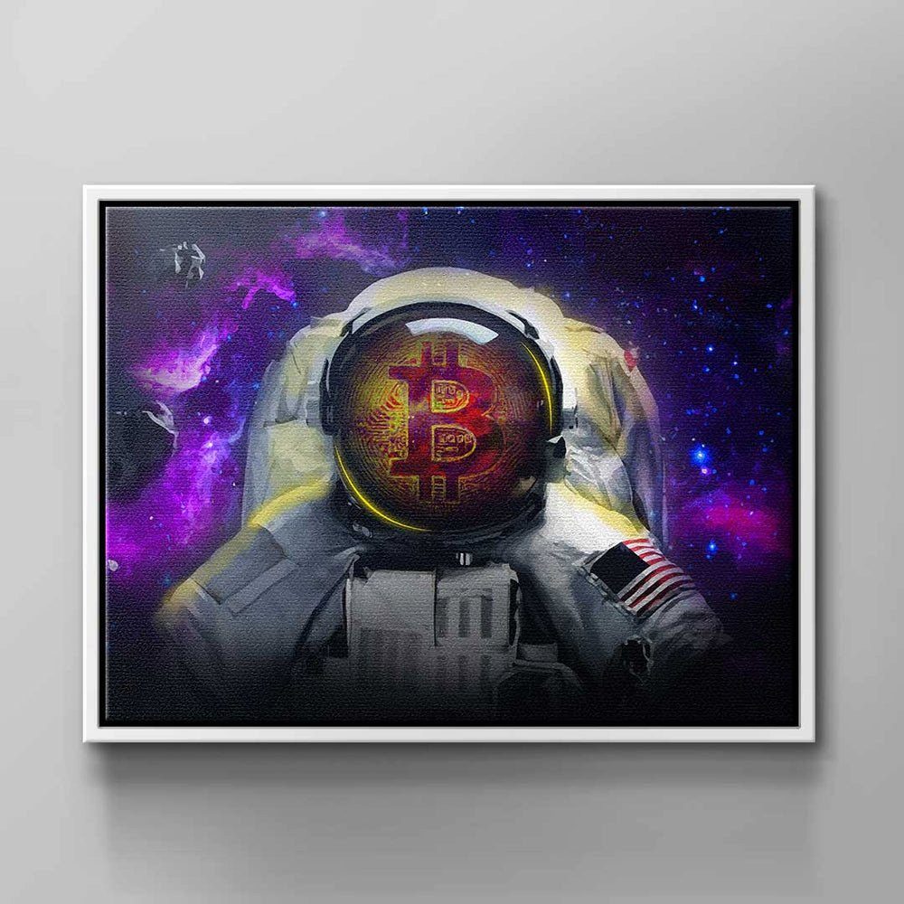 bl lila Wandbild Astronaut Raumanzug violett Bitcoin Helm Motivation Astronaut, DOTCOMCANVAS® Bitcoin Leinwandbild Rahmen ohne