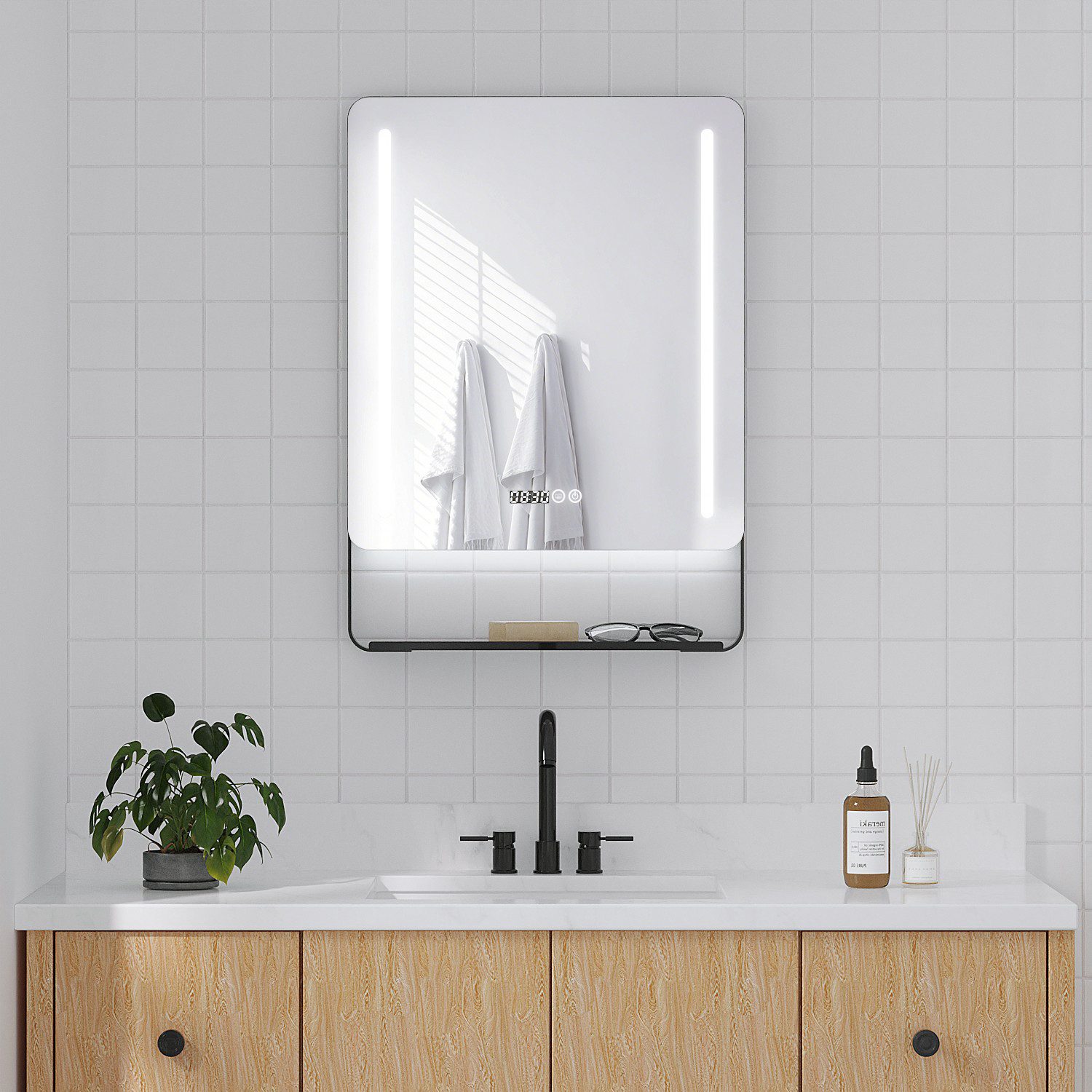 AQUABATOS Spiegel Wandspiegel LED Badspiegel mit Beleuchtung Rechteckspiegel mit Ablage, 50x70cm & 60x80cm Badezimmerspiegel 3 Lichtfarben dimmbar Digitaluhr