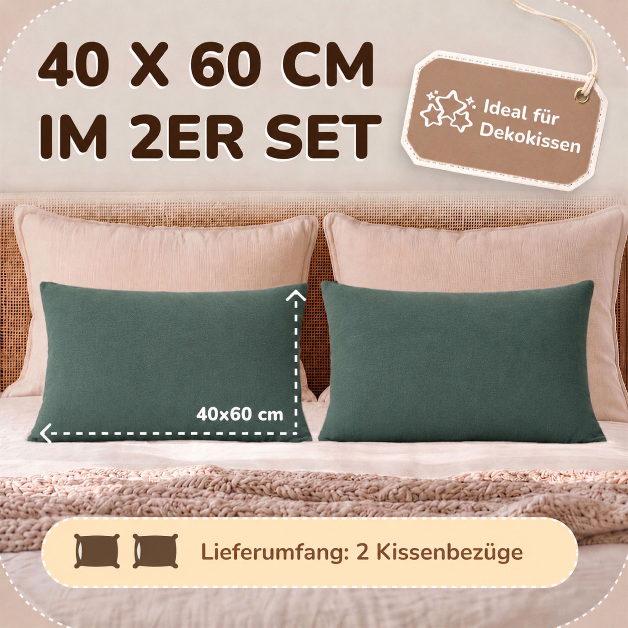 leevitex® Kissenbezüge 40 x 60 cm, 2er-Set, Dunkelgrün, (2 Stück), feine Jersey-Qualität, 100% Baumwolle, robuster Reißverschluss