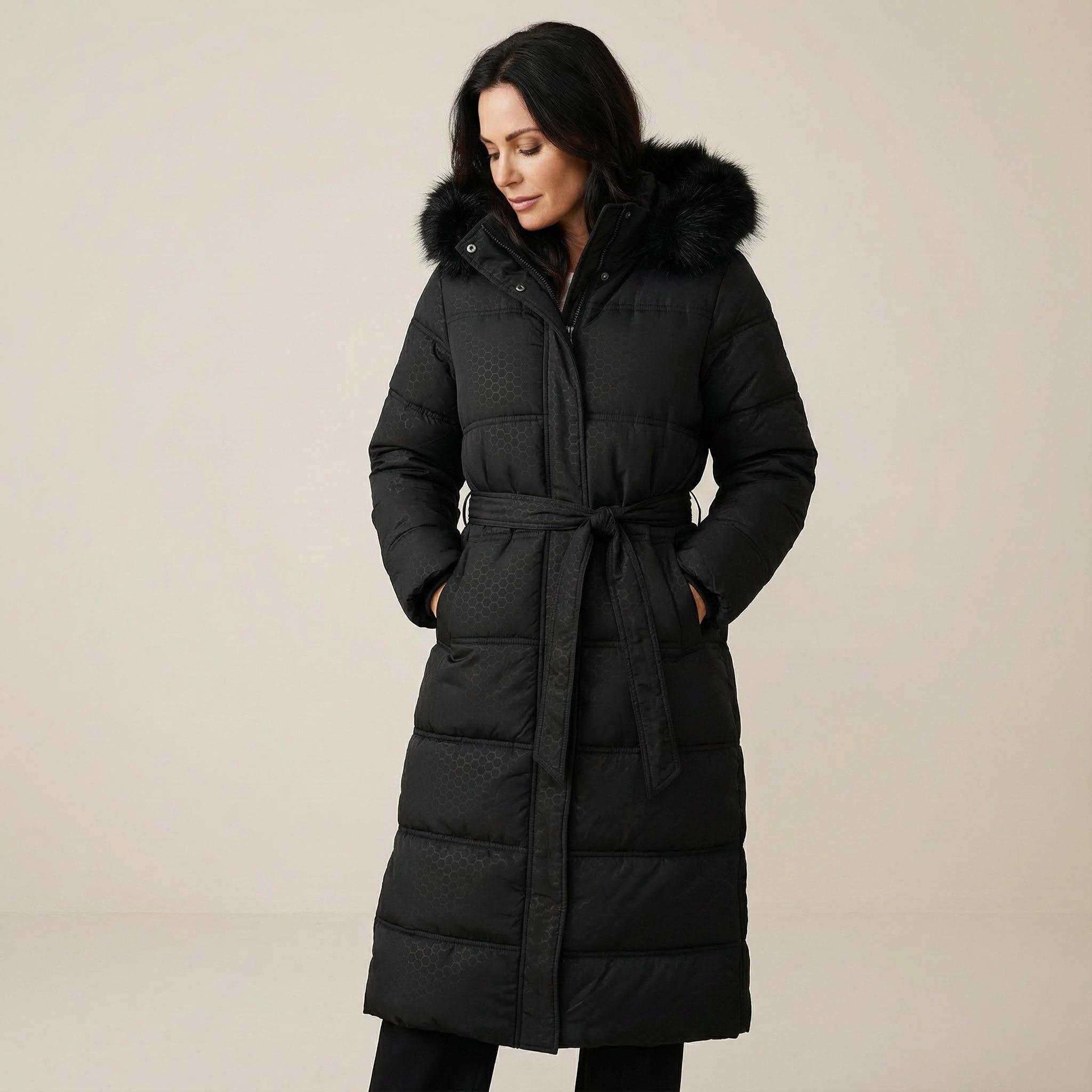 Steppmantel Schwarzer Damen Long Steppmantel mit Taillenschnürung