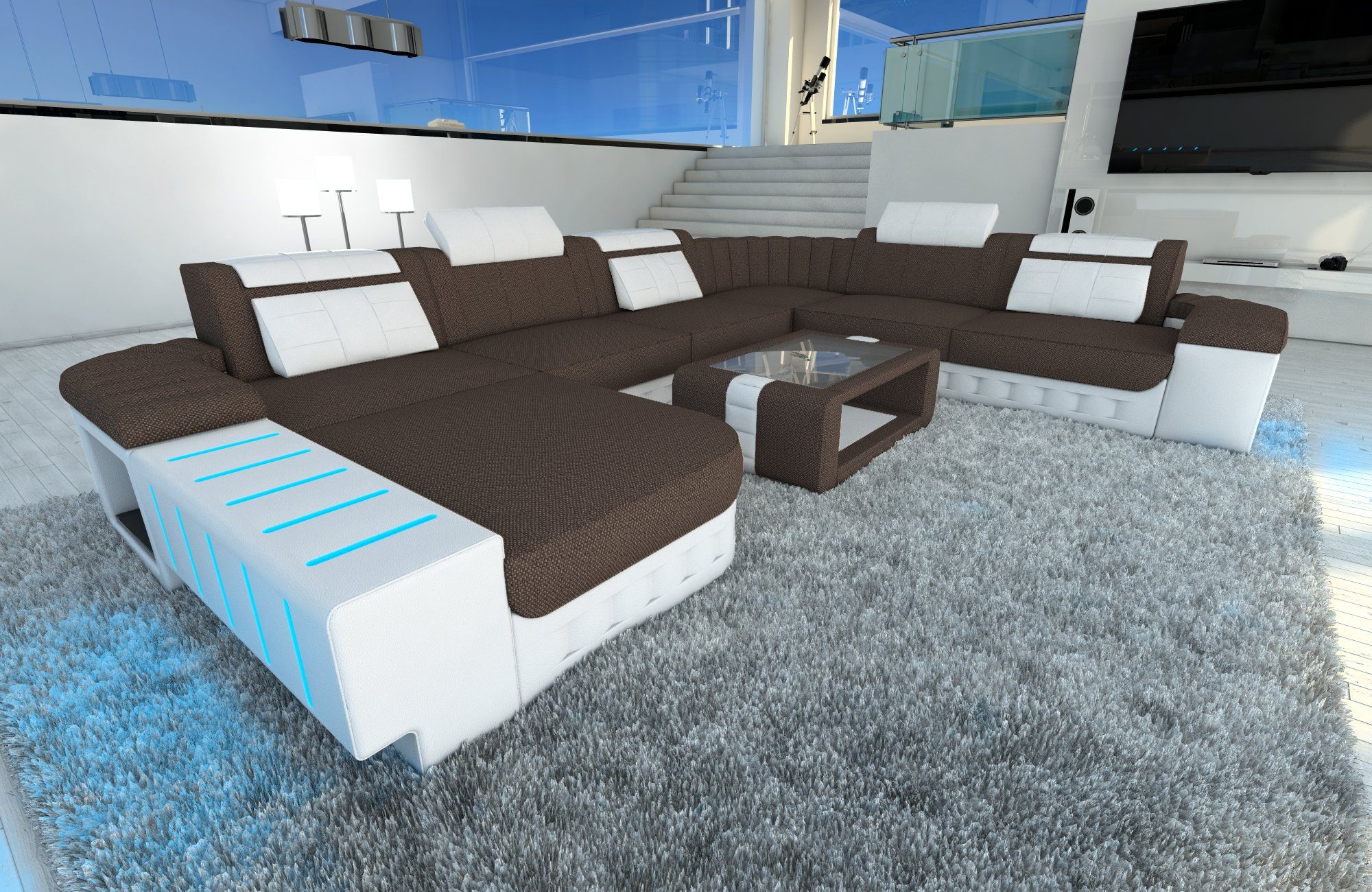 Sofa Dreams Wohnlandschaft Sofa Couch Stoff Bellagio XXL U Form Polster Stoffsofa, mit LED, wahlweise mit Bettfunktion als Schlafsofa, Designersofa H8 Braun-Weiss