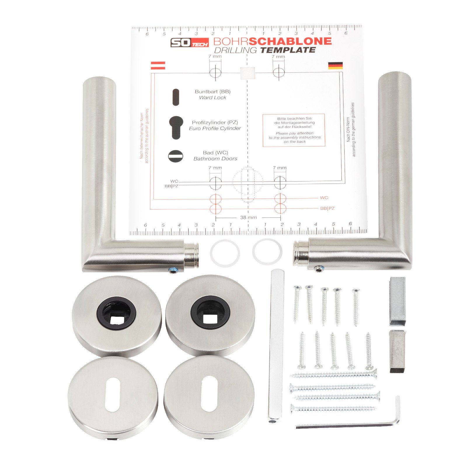 SO-TECH® Drückergarnitur Türdrücker WILMA Edelstahl Rund Rosette, Buntbart Türgarnitur für Zimmertür Edelstahl gebürstet