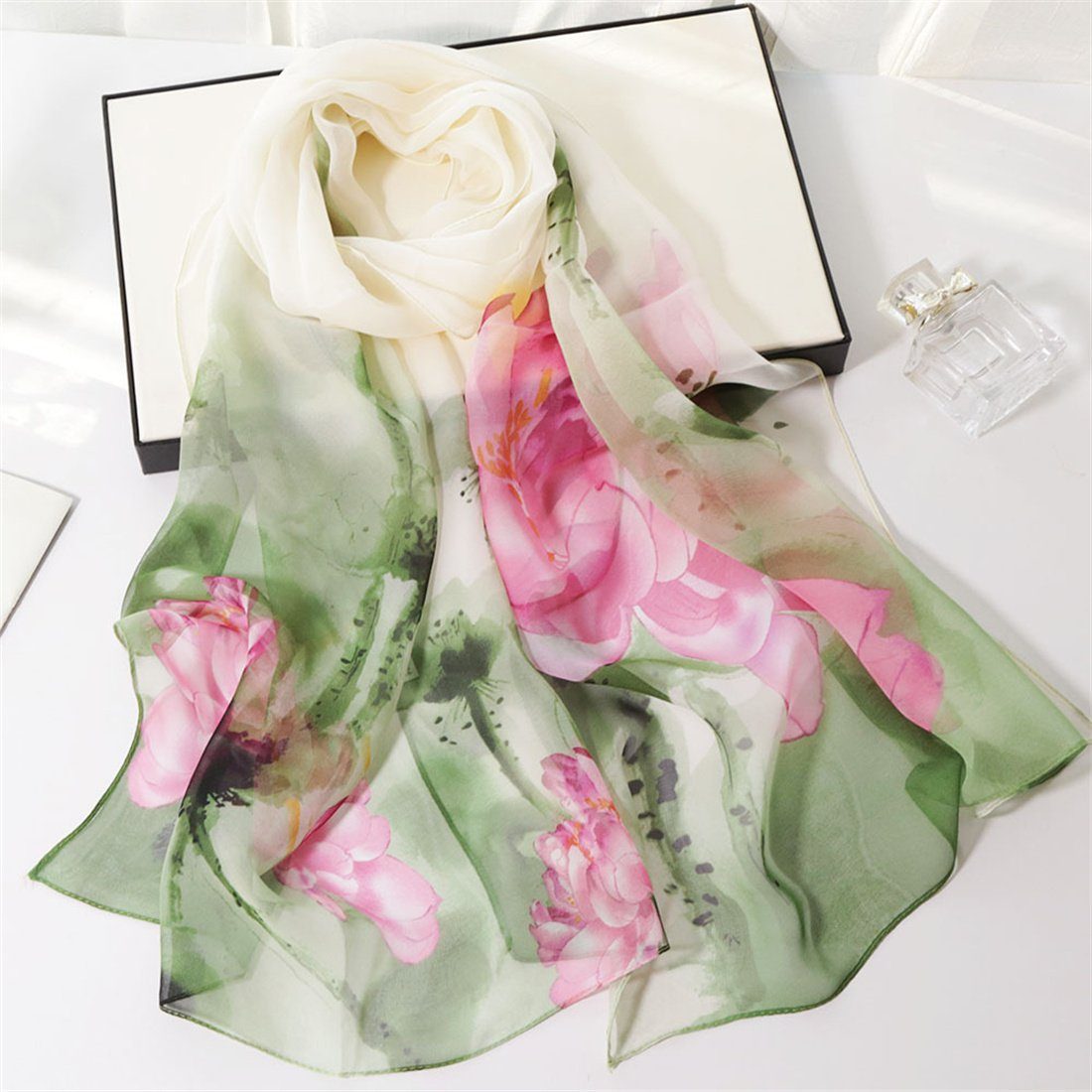 DÖRÖY Seidenschal Sommer Damen lange gedruckt Seidenschal,Sonnenschutz Schal Seide Schal grün