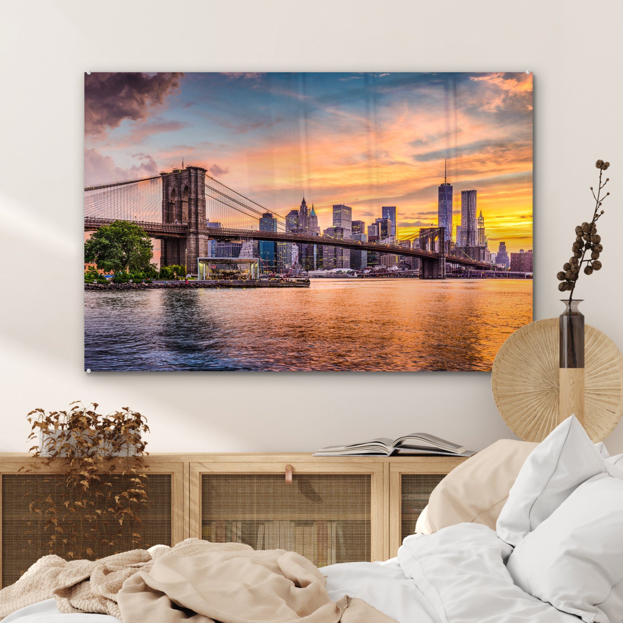 Wolken, - Bridge Acrylglasbilder Acrylglasbild MuchoWow St), Brooklyn New Schlafzimmer (1 - Wohnzimmer & York