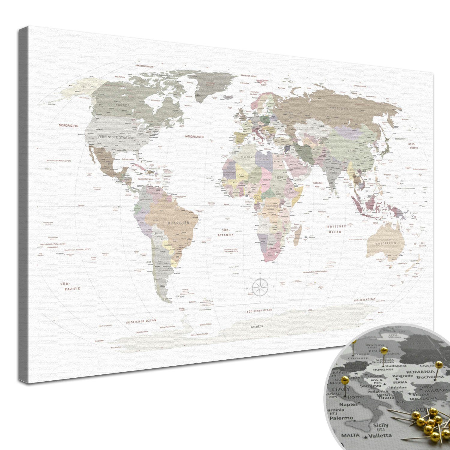 LANA KK Leinwandbild Weltkarte Pinnwand zum markieren von Reisezielen, deutsche Beschriftung White