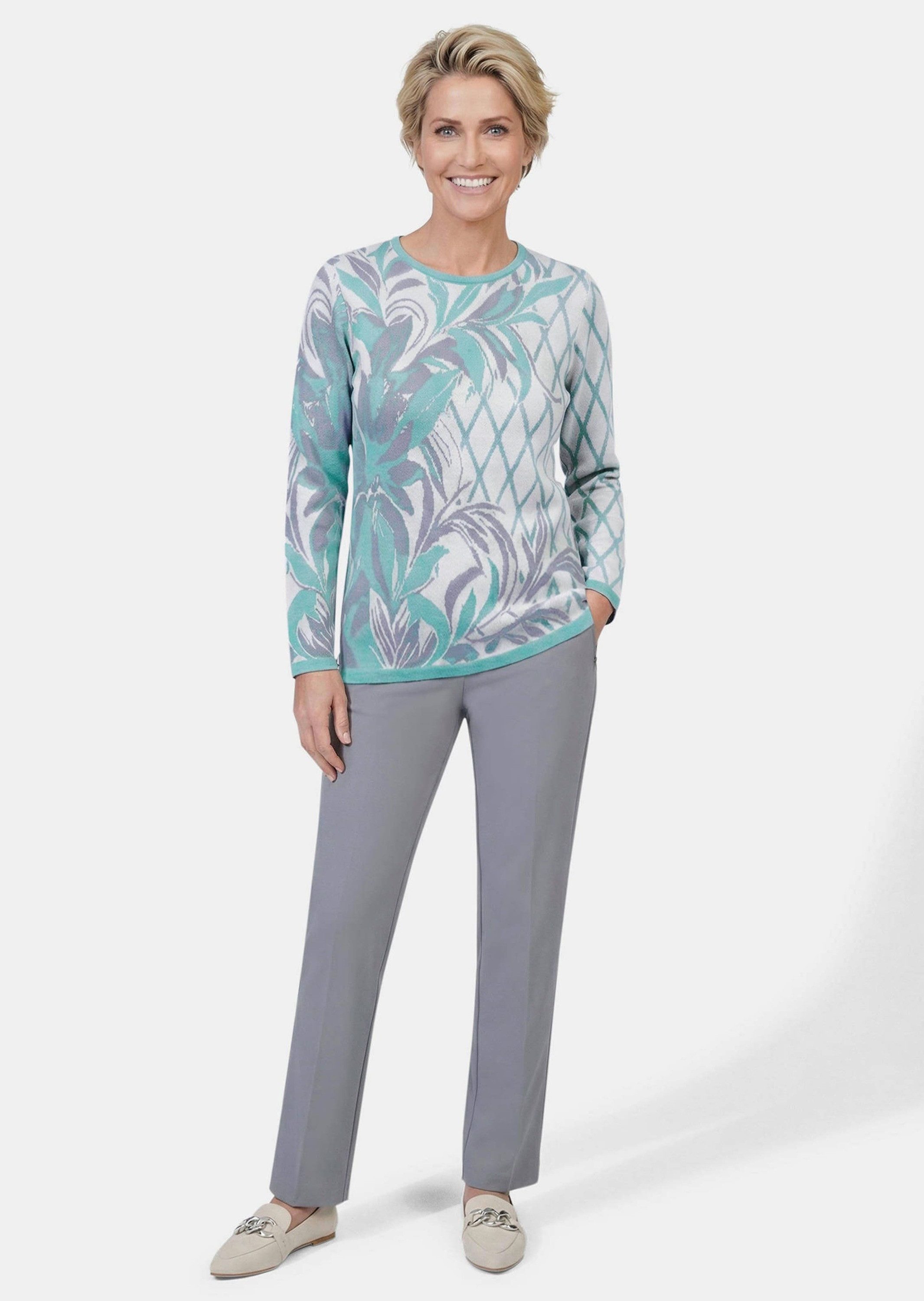GOLDNER Strickpullover Jacquardpullover mit Rundhals Weicher Feinstrick aus Baumwollmischung mit Blatt- und Rautenmuster