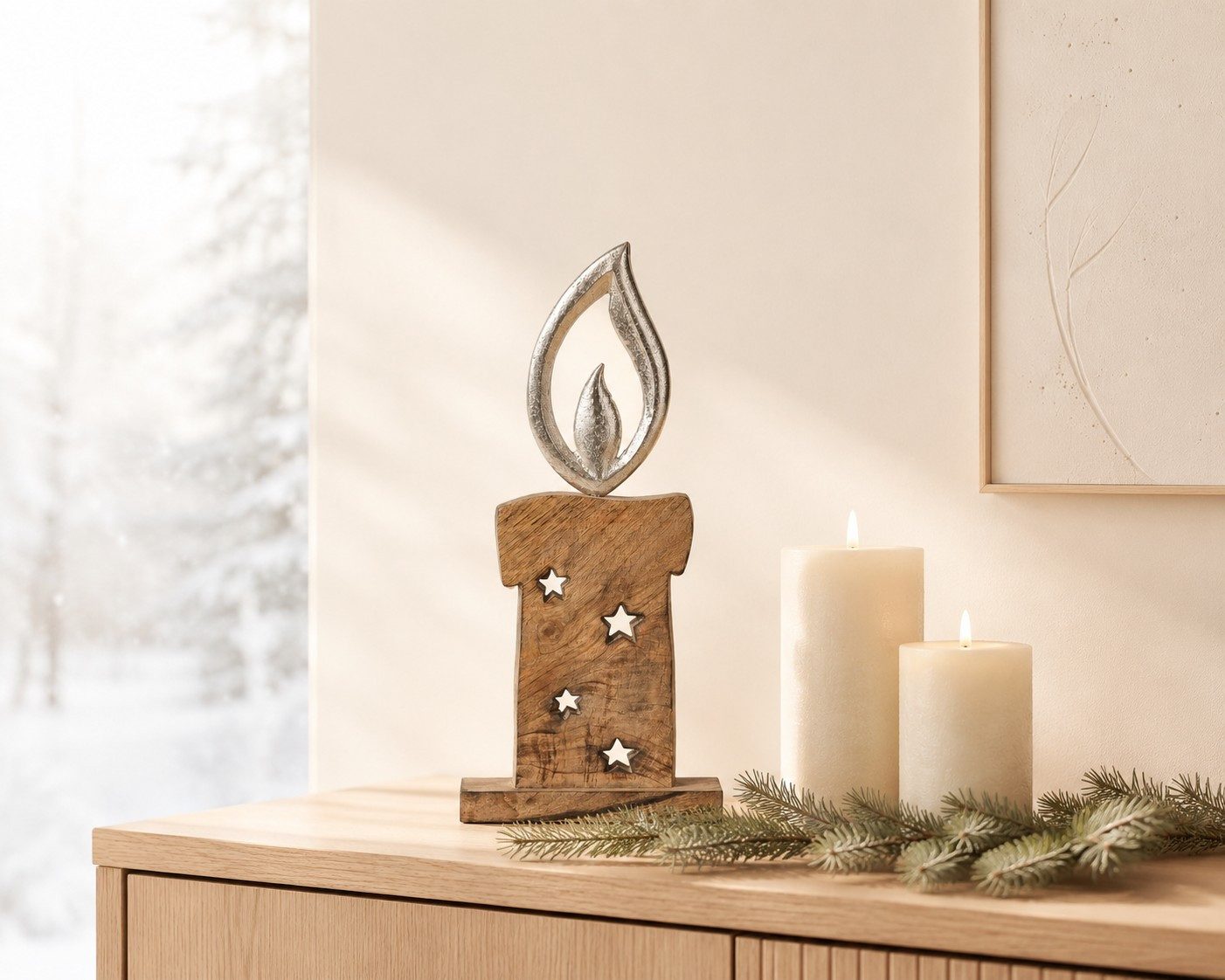 Wurm Weihnachtsfigur Dekofigur Kerze aus Holz und Metall Braun Silber 37 cm Weihnachten