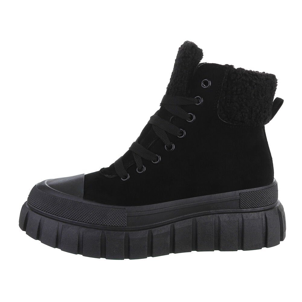 Ital-Design Damen Schnürschuhe Freizeit in Sneakers Sneakerboots High Keilabsatz/Wedge Schwarz