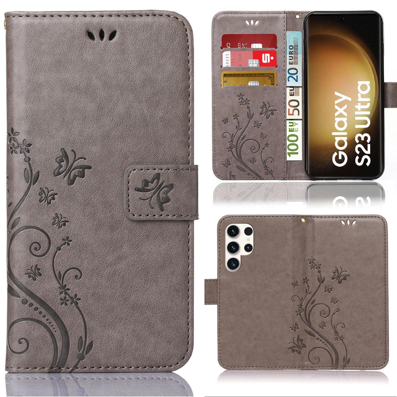 Numerva Handyhülle Bookstyle Flower für Samsung Galaxy S23 Ultra, Handy Tasche Schutzhülle Klapphülle Flip Cover mit Blumenmuster
