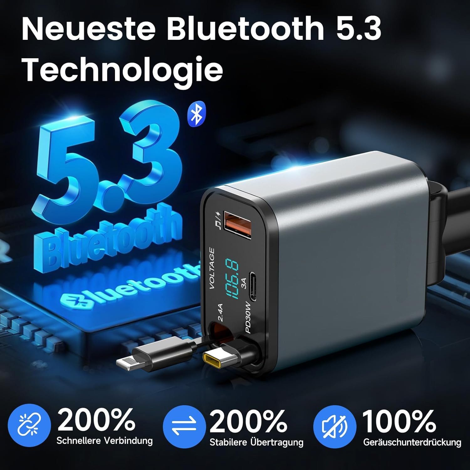 TUWENA Bluetooth & Cigarette Lighter Car Charger with 2 Retractable Cables, FM Transmitter, 24V/12V USB-C