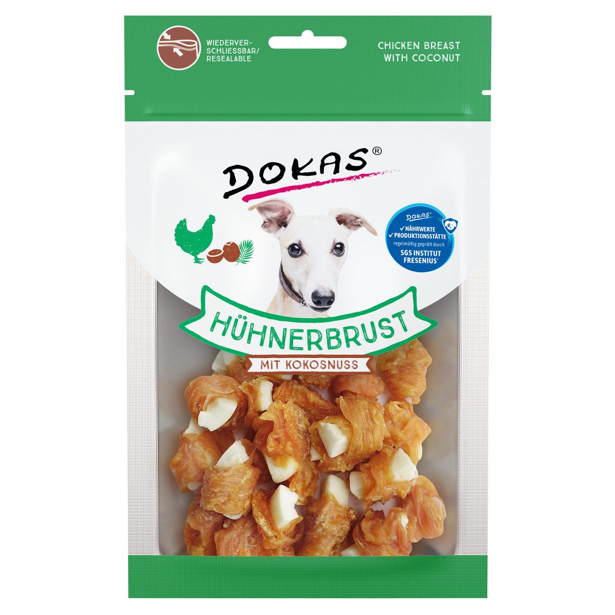 Dokas Hühnerbrust mit Kokosnuss 60 g, Snack für: Hund von Dokas