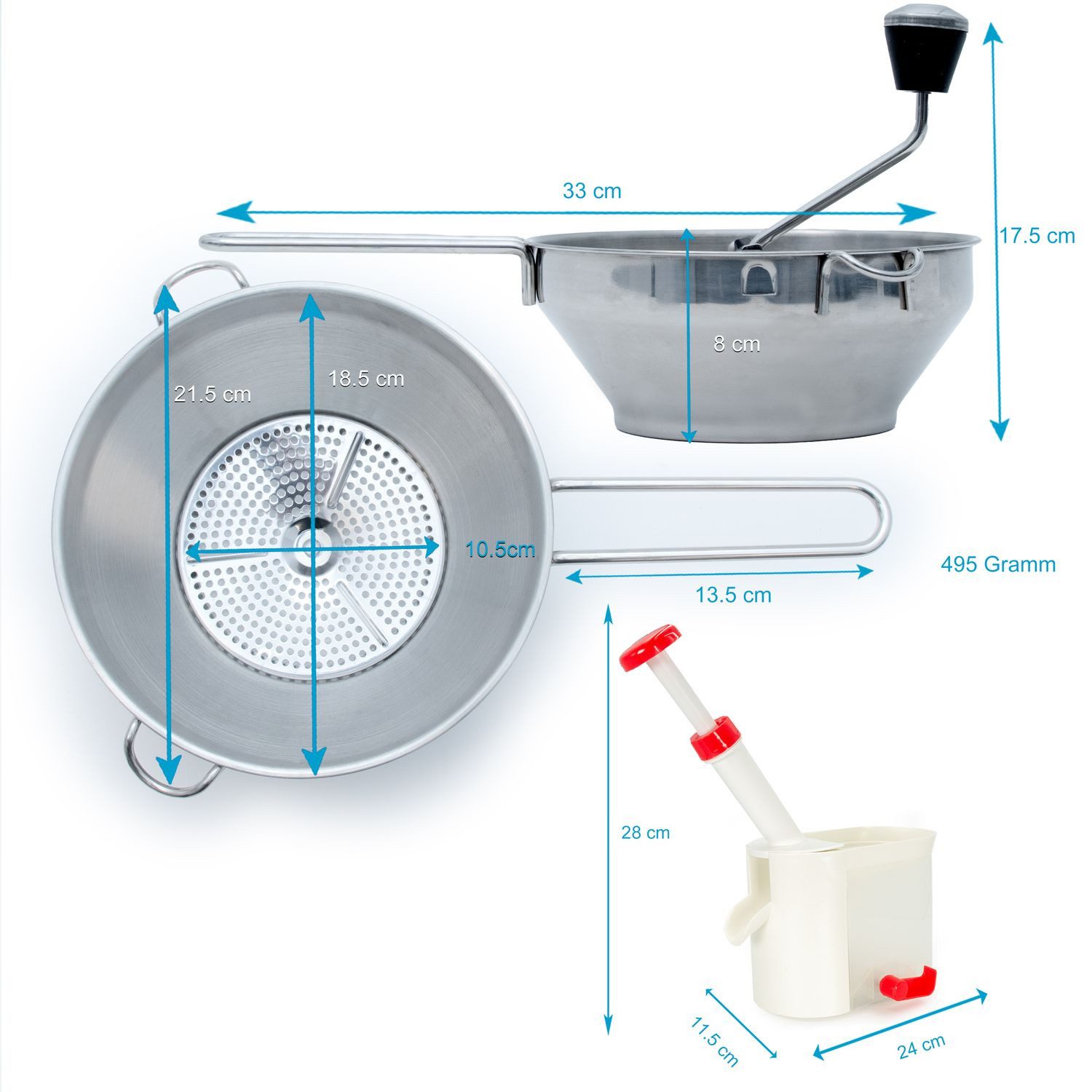 Intirilife Passiermühleneinsatz, (Set, 5-tlg), Einmach Set: Edelstahl Passiergerät 3 Siebeinlagen & Kirschentkerner