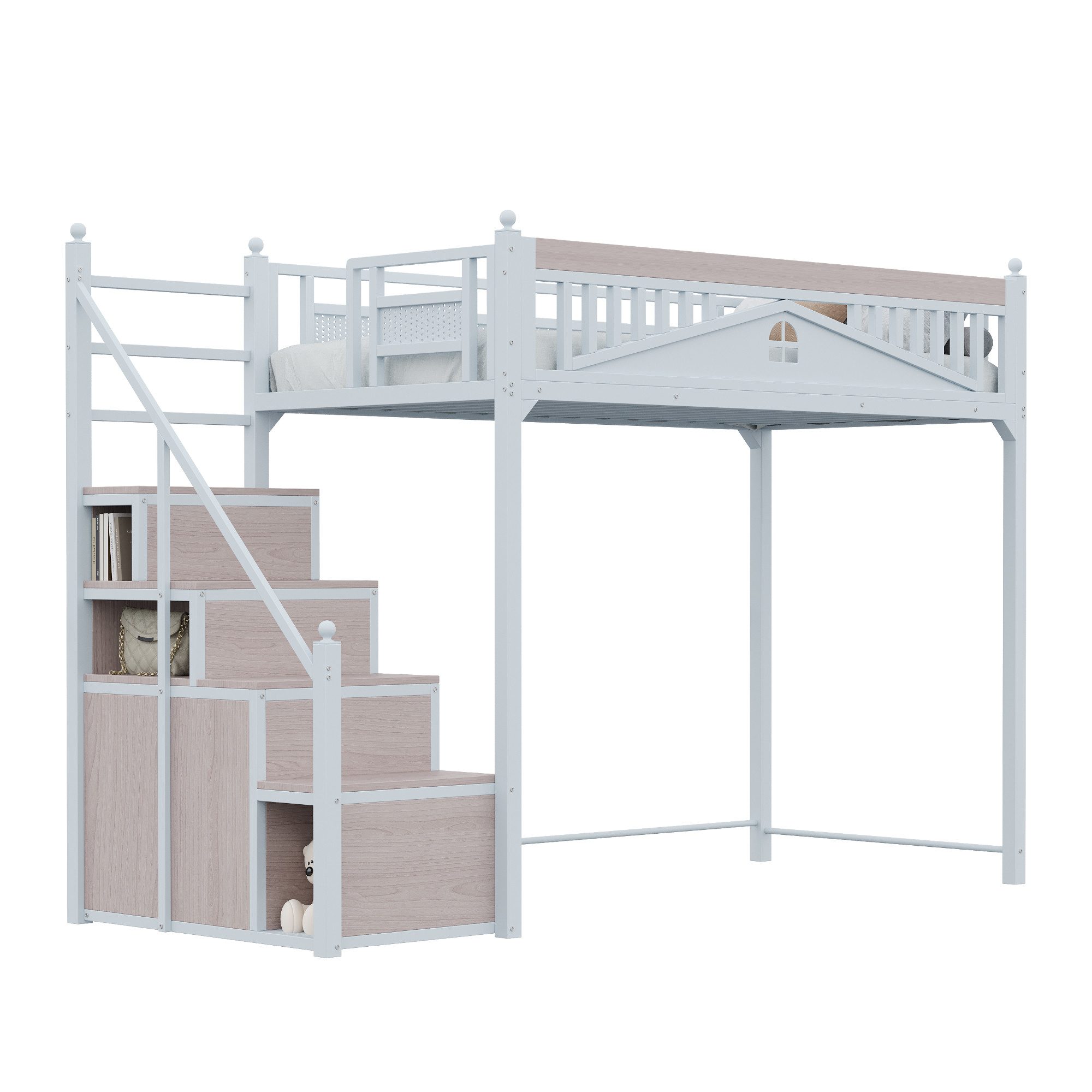 OKWISH Hochbett Einzelbett,Jugendbett,Hochbett (Metall-Hochbett mit Staurau günstig online kaufen