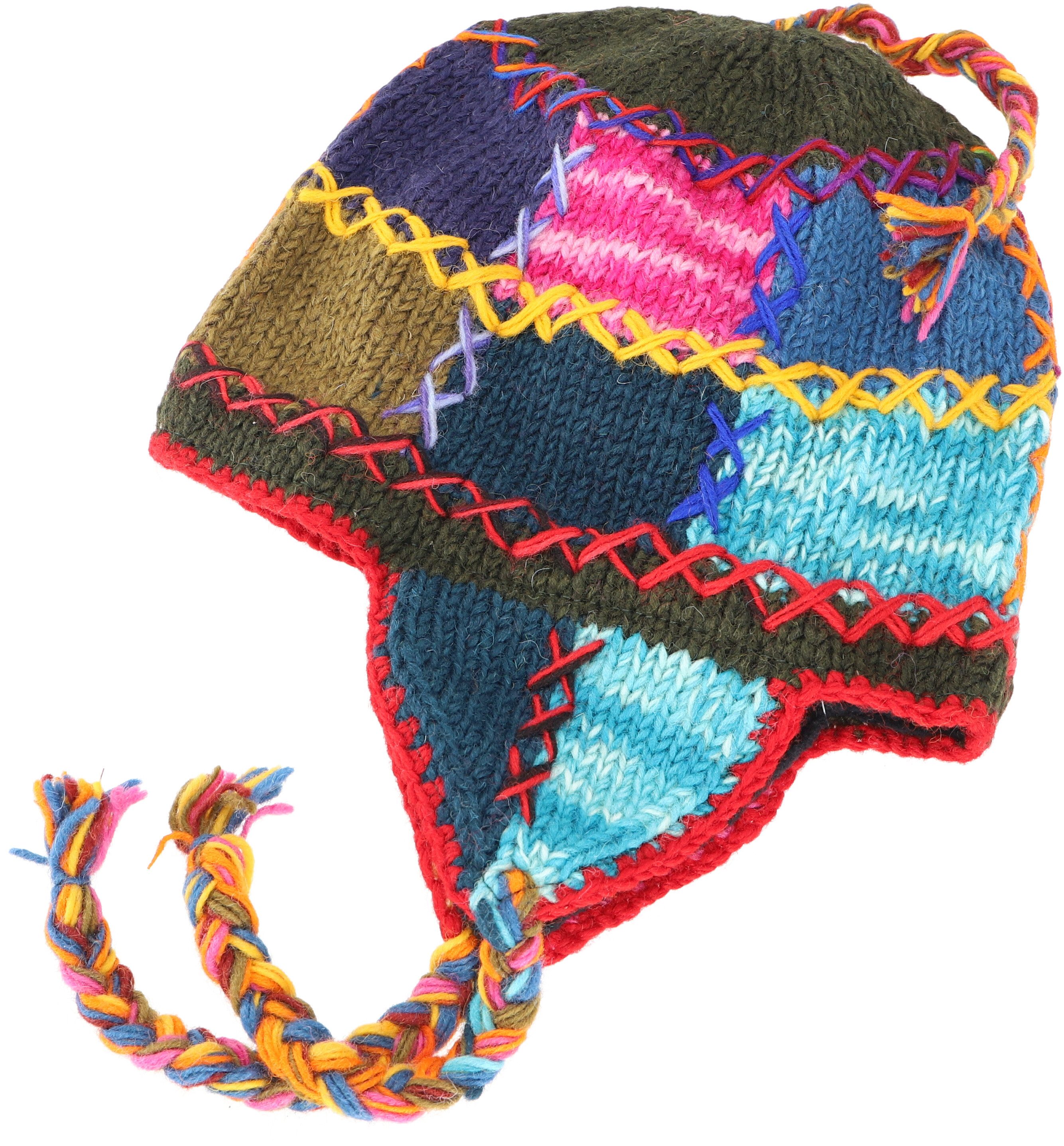 Strickmütze Wollmütze mit Ohrenklappen, Unikat Patchwork..