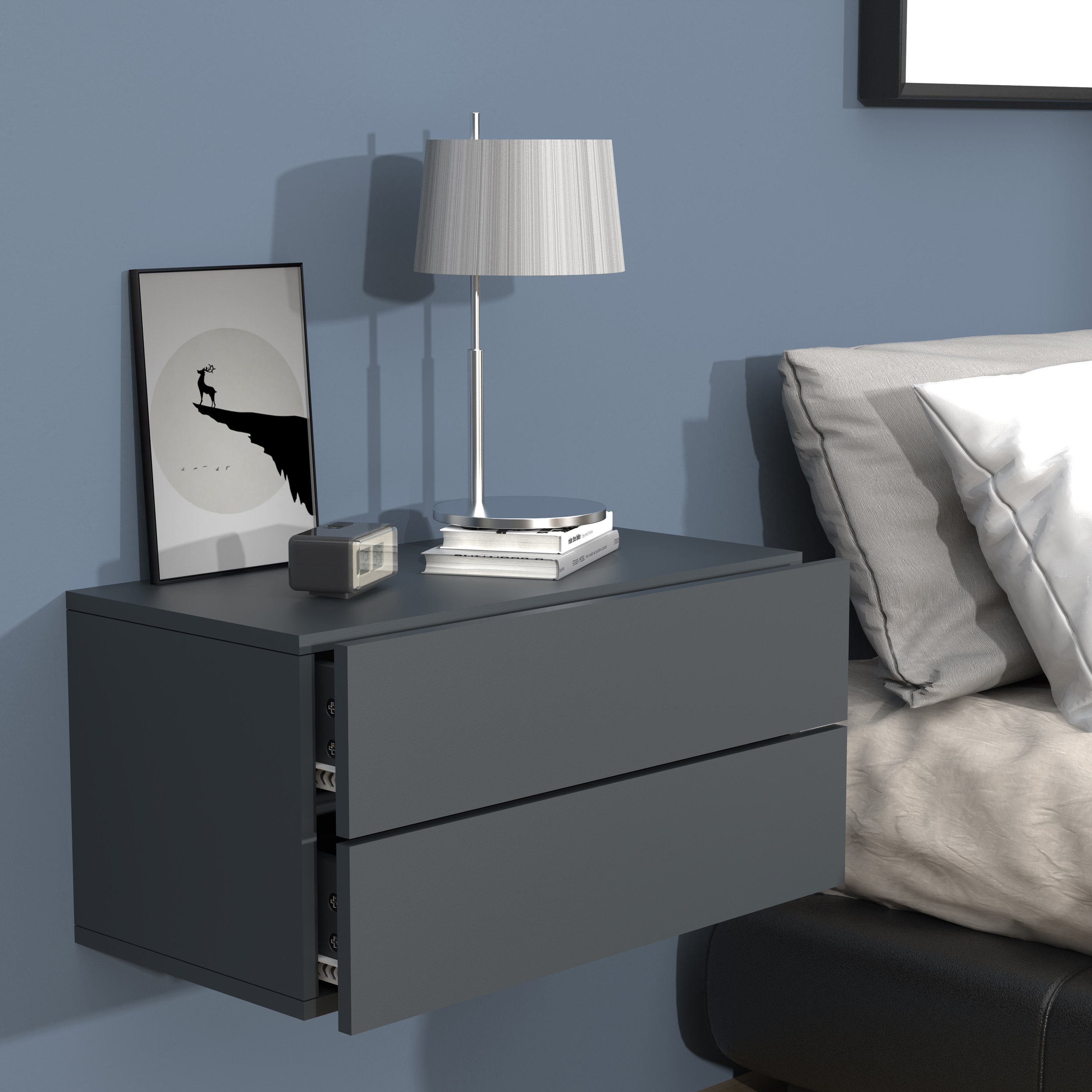 VCM Nachttisch Usal L mit 2 Schubladen B. 60 x T. 32 x H. 30 cm, Nachtkonsole, Stauraum im Schlafzimmer, Wandschublade – Bild 3 von 4
