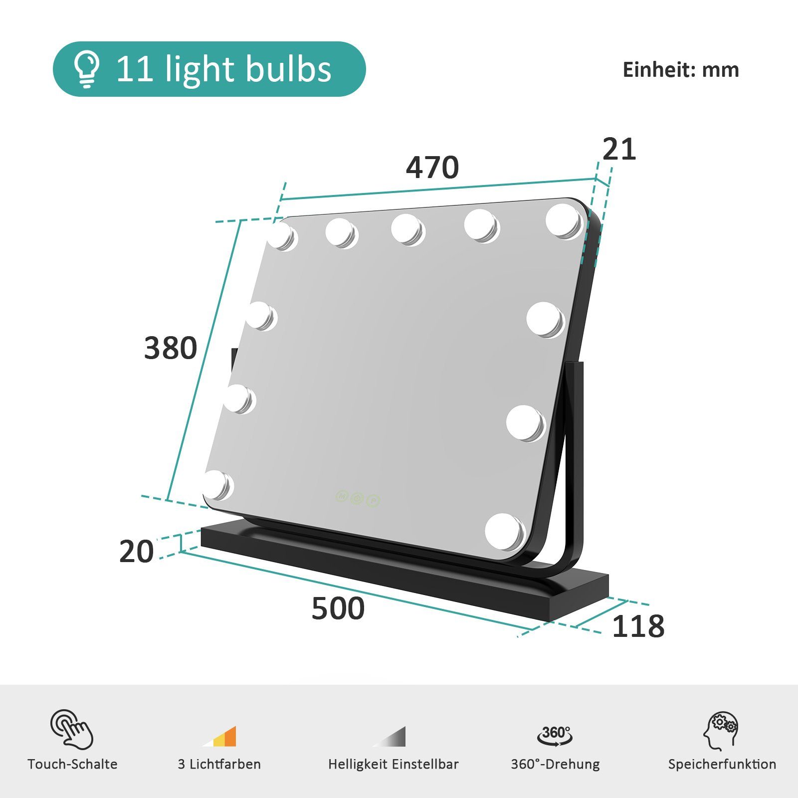 Licht,Dimmbar,Speicherfunktion,7 EMKE 360 Beleuchtung Farbe ° Schwarz x Tischspiegel, 3 Drehbar Spiegel mit Vergrößerungsspiegel Hollywood Kosmetikspiegel