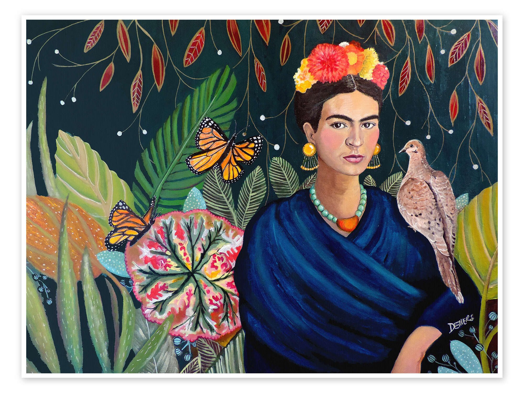 Posterlounge Poster Sylvie Demers, Frida Kahlo mit Taube, Wohnzimmer Orientalisches Flair Malerei
