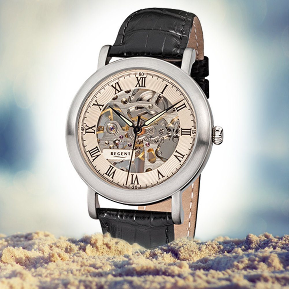 Regent Quarzuhr Regent Herren-Armbanduhr schwarz 40mm), Armbanduhr Lederarmband Herren (ca. Analog, rund, groß