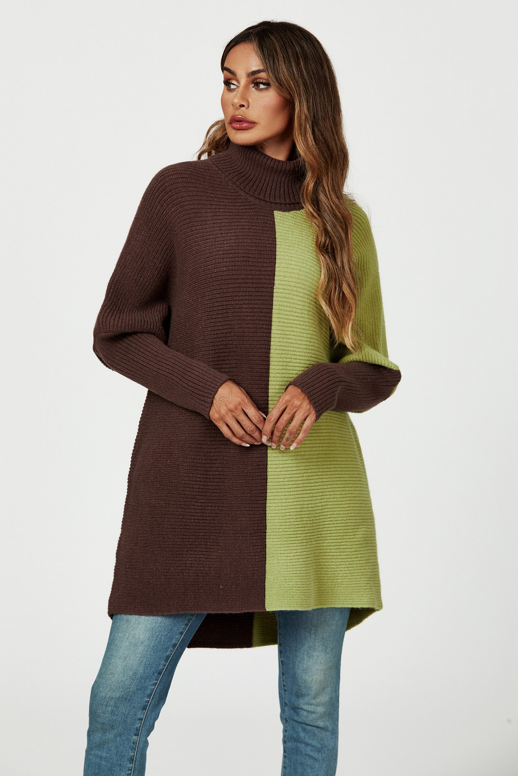 FS Collection Longpullover Damen Pullover-Oberteil Longpullover Blockfarben Rollkragen Halblang (Einheitsgröße: UK 8–16 / EU 36–44, 7 stilvollen Farbvarianten) 100% Acryl