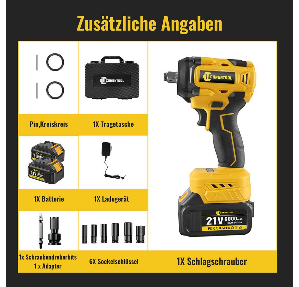 Thumbnail - CONENTOOL Akku-Schlagschrauber 21V, 4600,00 U/min, 520,00 Nm, (Set, 12-tlg., 2x 6 Ah Akkus und Schnellladegerät), Bürste...