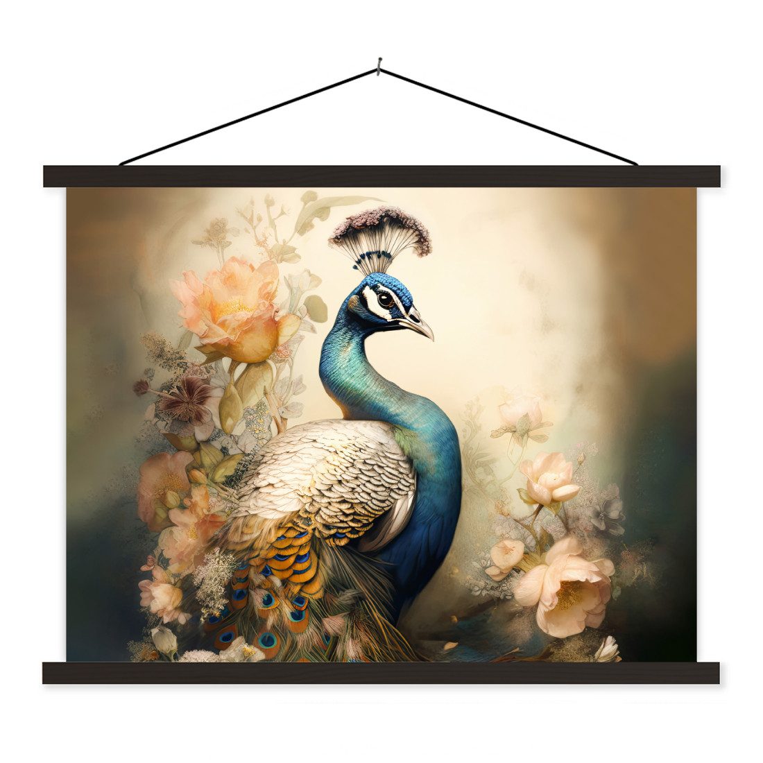 Poster Pfau - Pfauenfedern - Blumen - Botanisch