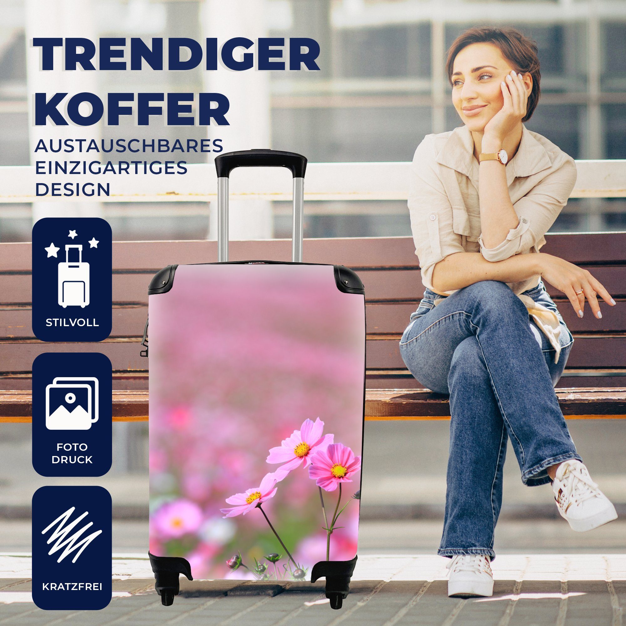 Draußen - für Ferien, 4 Reisetasche mit Reisekoffer Trolley, rollen, Rosa, Handgepäckkoffer Handgepäck Blumen - Rollen, MuchoWow