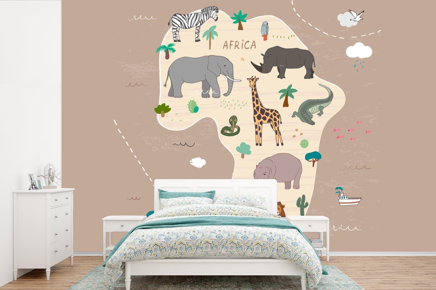 MuchoWow Fototapete Weltkarte - Kinder - Afrika - Tiere - Jungen - Mädchen, Matt, bedruckt, (6 St), Wallpaper für Wohnzimmer, Schlafzimmer, Kinderzimmer, Vinyl Tapete