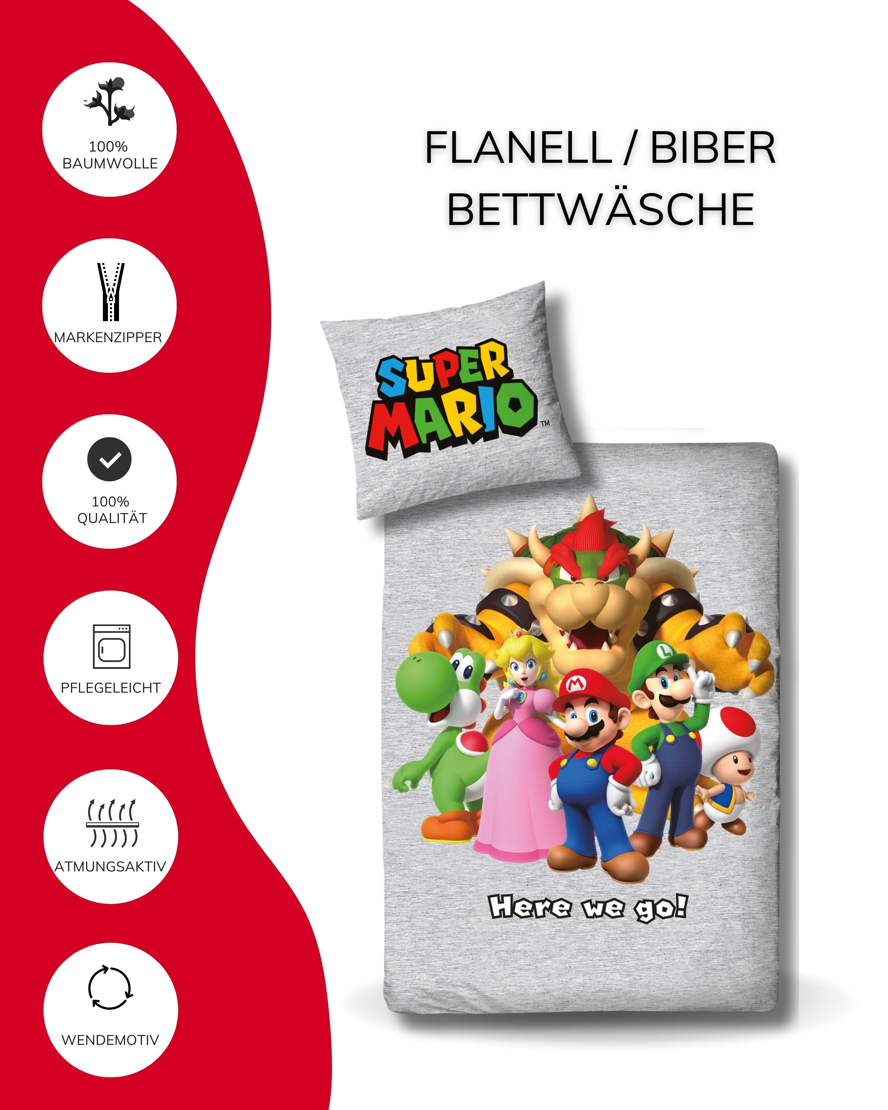 MTOnlinehandel Bettwäsche Super Mario 135x200 + 80x80 cm, 100 % Baumwolle, Flanell, 2 teilig, lizenzierte Nintendo Biber Bettwäsche für Kinder & Teenager – Bild 3 von 5