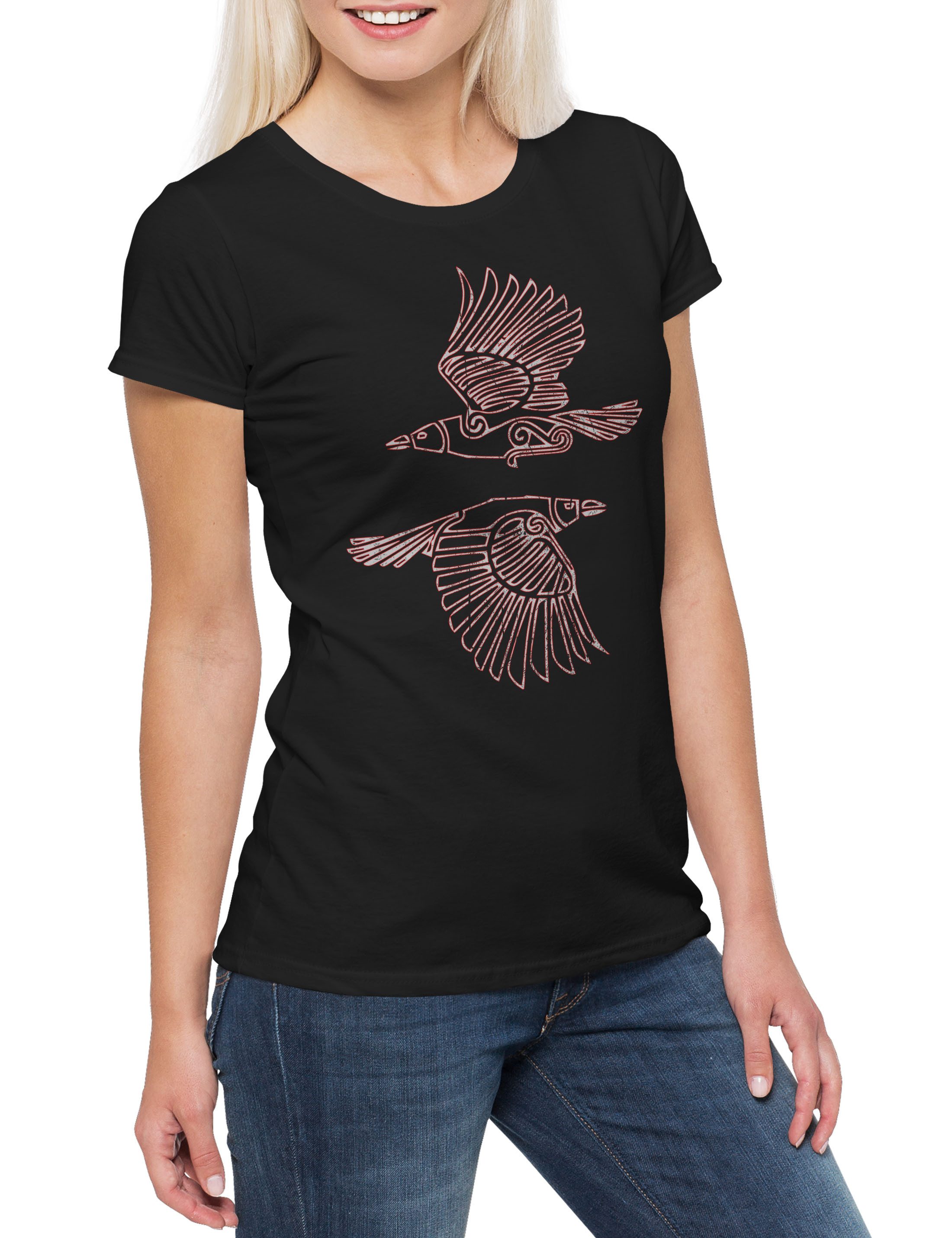Urban Backwoods Print-Shirt Hugin And Munin III Damen T-Shirt Odin Thor Norse Vikings Wikinger (1-tlg) Runen Walhalla Midgard Asgard