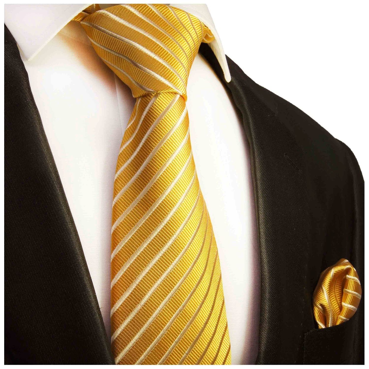Seide gold Herren Breit mit Tuch Seidenkrawatte Einstecktuch) gestreift (Set, 899 modern Paul Krawatte und (8cm), Malone 100% 2-St., Krawatte