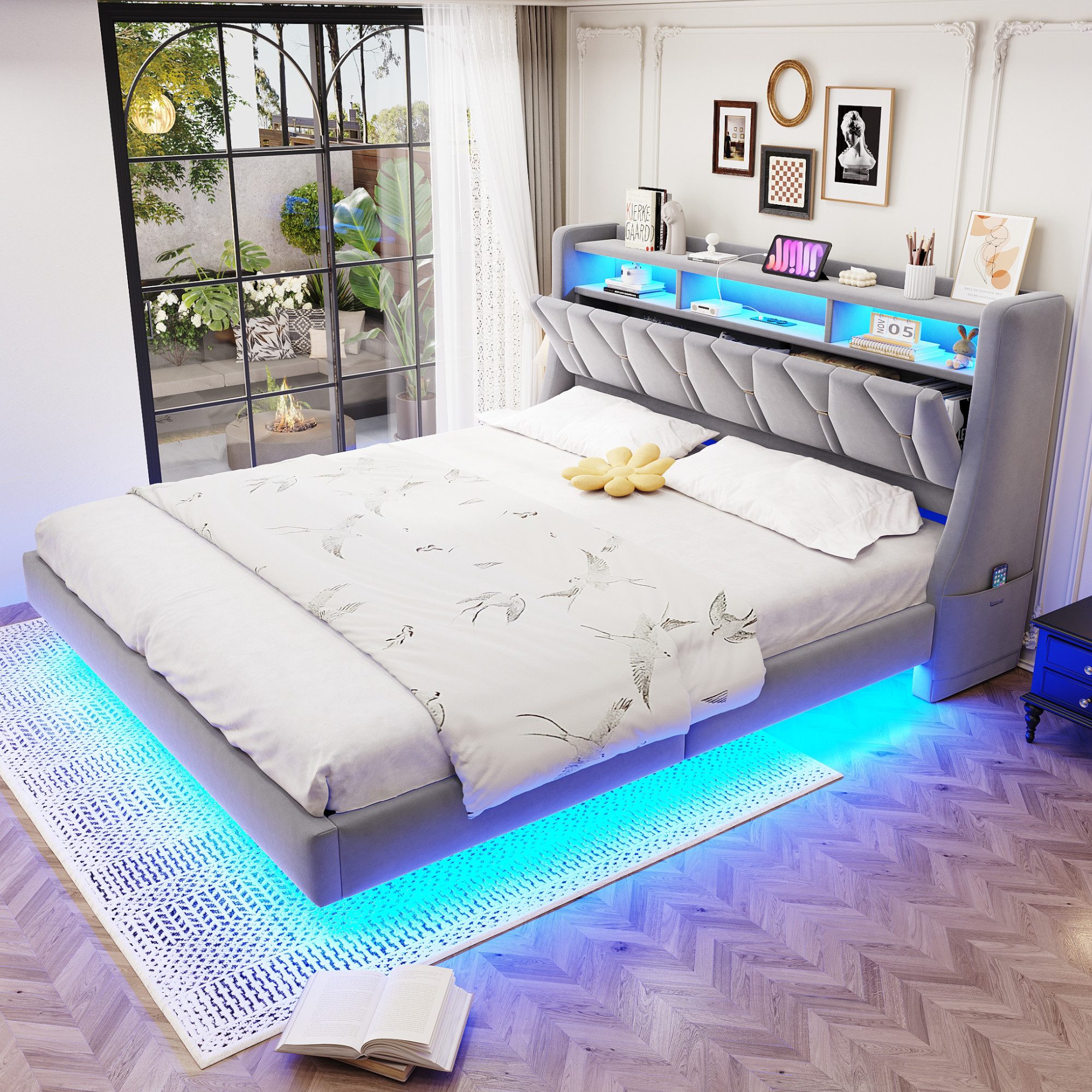 Flieks Polsterbett, Doppelbett 180x200cm mit Stauraum-Kopfteil, Aufladen, LED-Beleuchtung