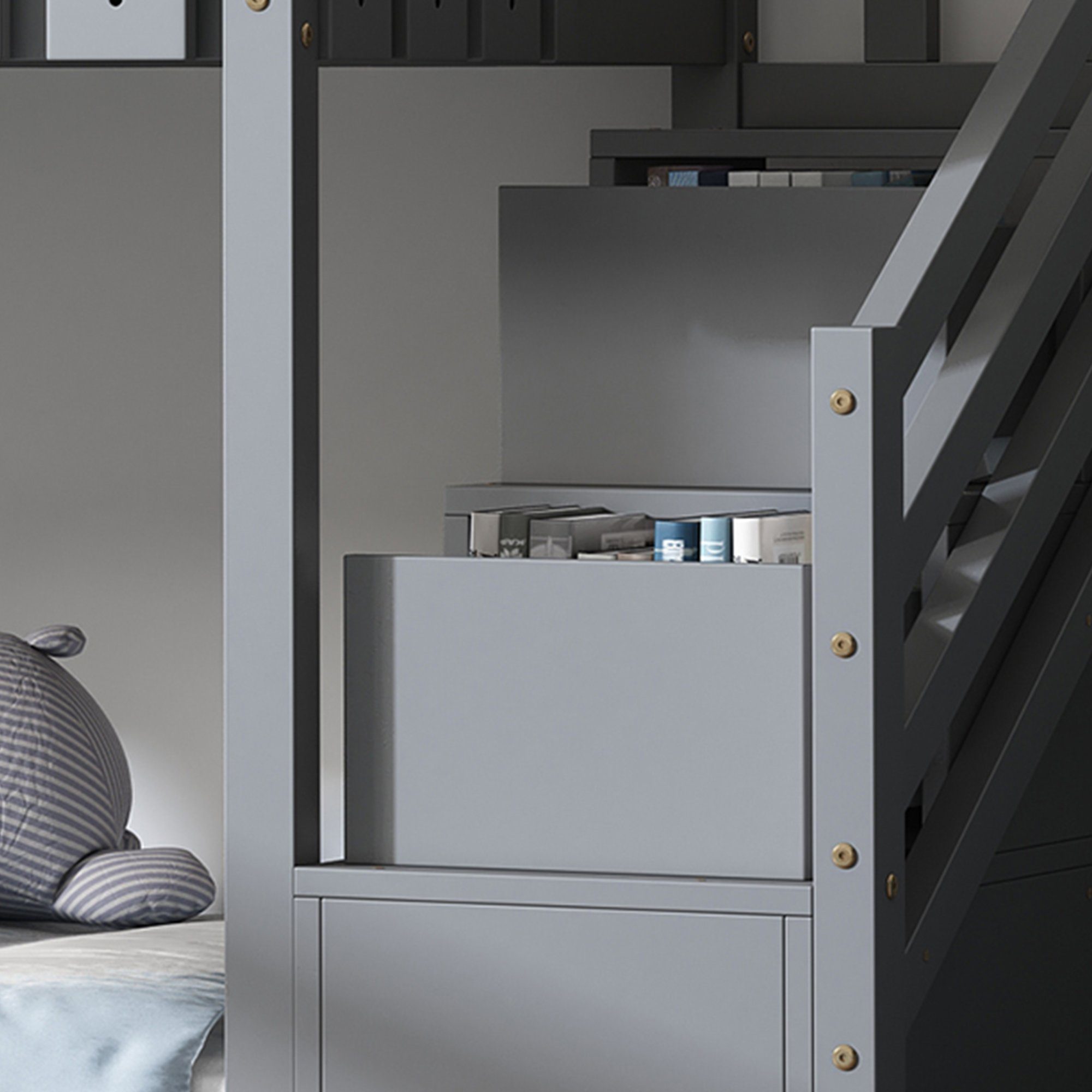 Etagenbett (Hochbett 90x200 mit zwei Schubladen), Kinderbett Hausbett mit Treppe, Rausfallschutz und Lattenrost, Kiefer