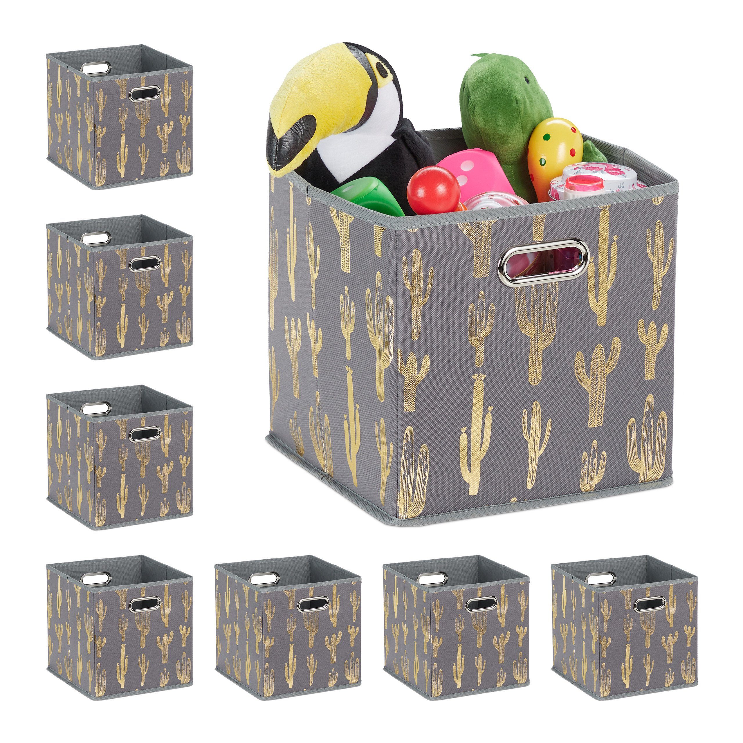 relaxdays Regalkorb 8 x Quadratische Faltbox mit Kaktusmotiv