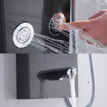 XIIW Duschsystem Duschsystem Edelstahl Duschpaneel Duschsäulen,mit Regendusch, Massagedüsen Handbrause Wasserfalldusche Kopfbrause, mit 1,5m S/S flexibler Schlauch,Schwarz