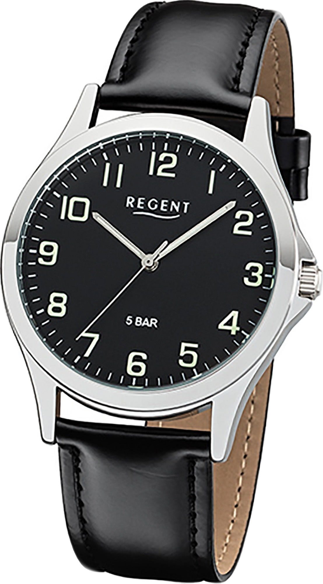 Regent Quarzuhr Regent Leder Herren Uhr 1112420 Analog, Herrenuhr Lederarmband schwarz, rundes Gehäuse, mittel (ca. 39mm)