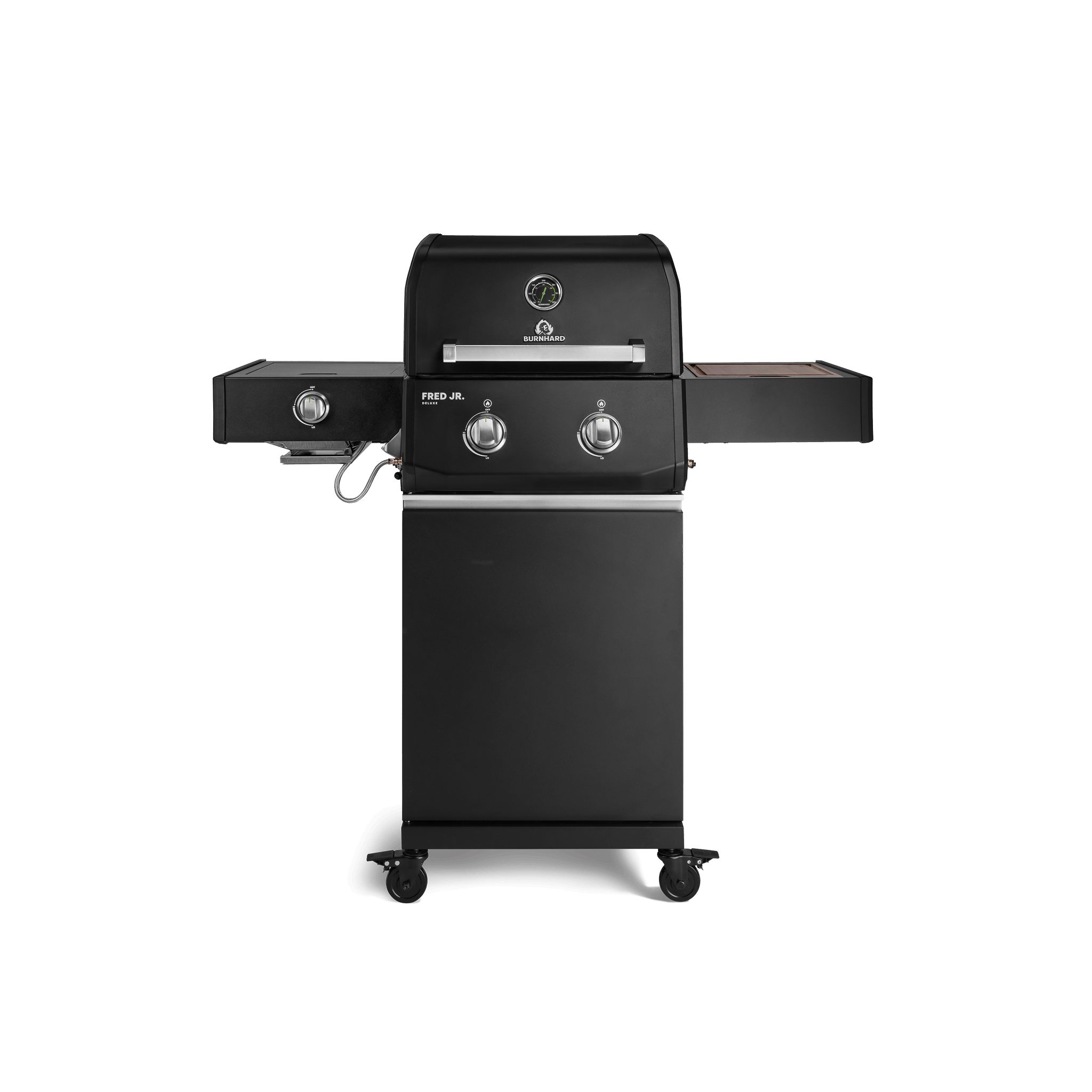 BURNHARD® Gasgrill 2-Brenner, 2x Edelstahl-Stabbrenner, 3,75 kW, Infrarot-Keramikbrenner, Seitentisch, Gussrost, Piezo-Zündung, kompakt, für 5 Personen – FRED Jr. Deluxe