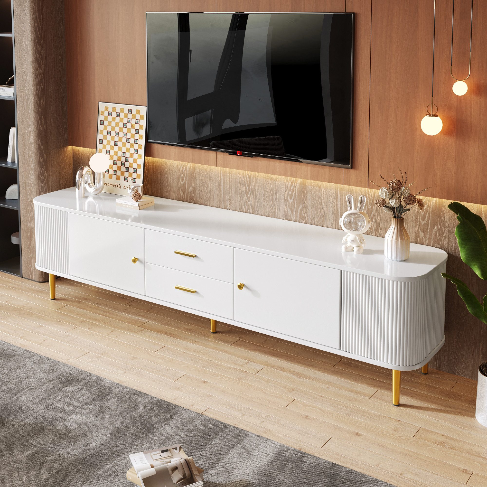 STILVORA Lowboard mit gewellten Seiten,TV-Schrank TV-Regal mit goldenen Griffen&Beinen (TV-Board mit goldenen Griffen und Beinen, 1 St., 2 Schubladen, 2 Türen), mit geschwungenen Ecken, gewellten Seiten