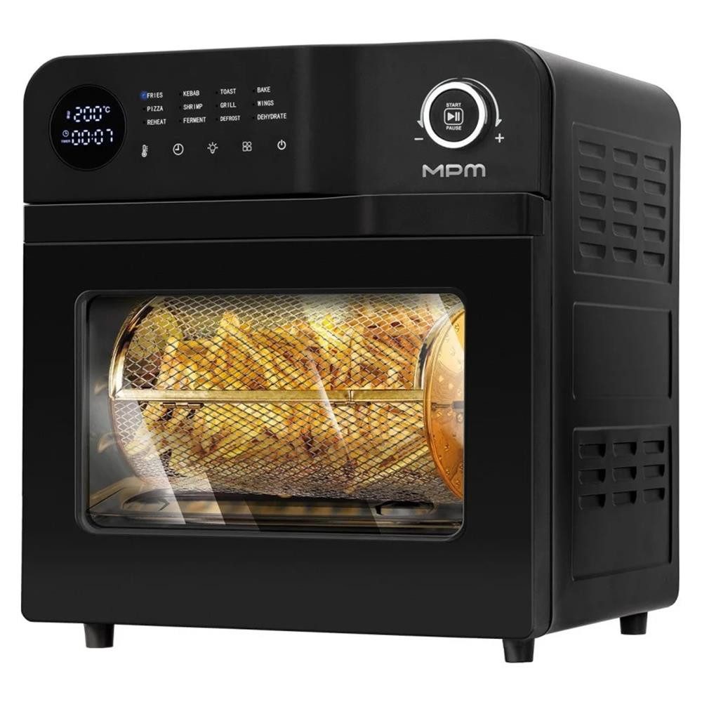 MPM Heißluftfritteuse MFR-15, 1900 W, 12 Programme, 360°-Drehkorb, Dörren, Auftauen, Innenbeleuchtung
