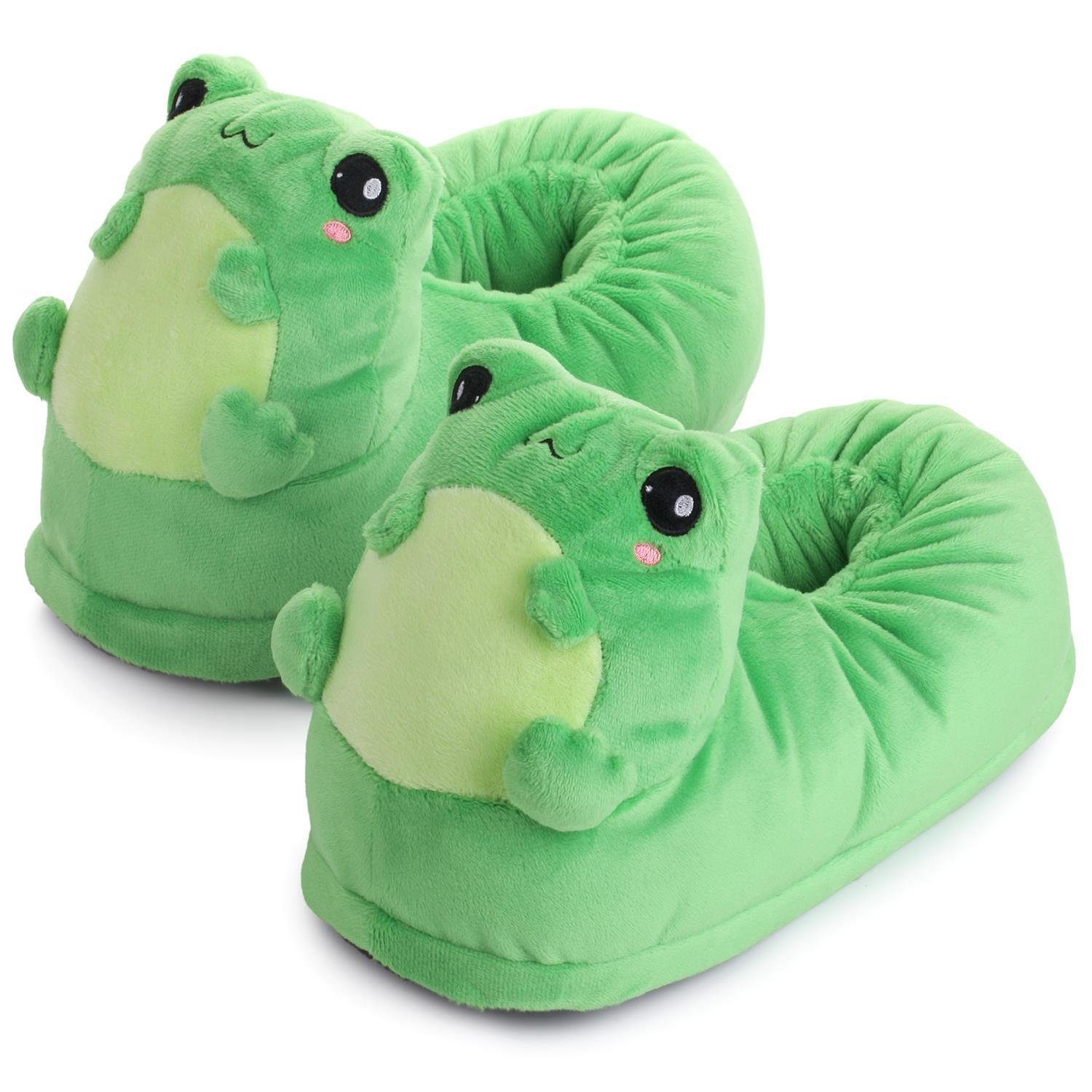 Corimori Tier Pantoffeln für Erwachsene Einheitsgröße 34-44 Plüsch Hausschuhe (Packung, Geschenk) EU Einheitsgröße 34-44, Eddy der Frosch, für Kinder und Erwachsene