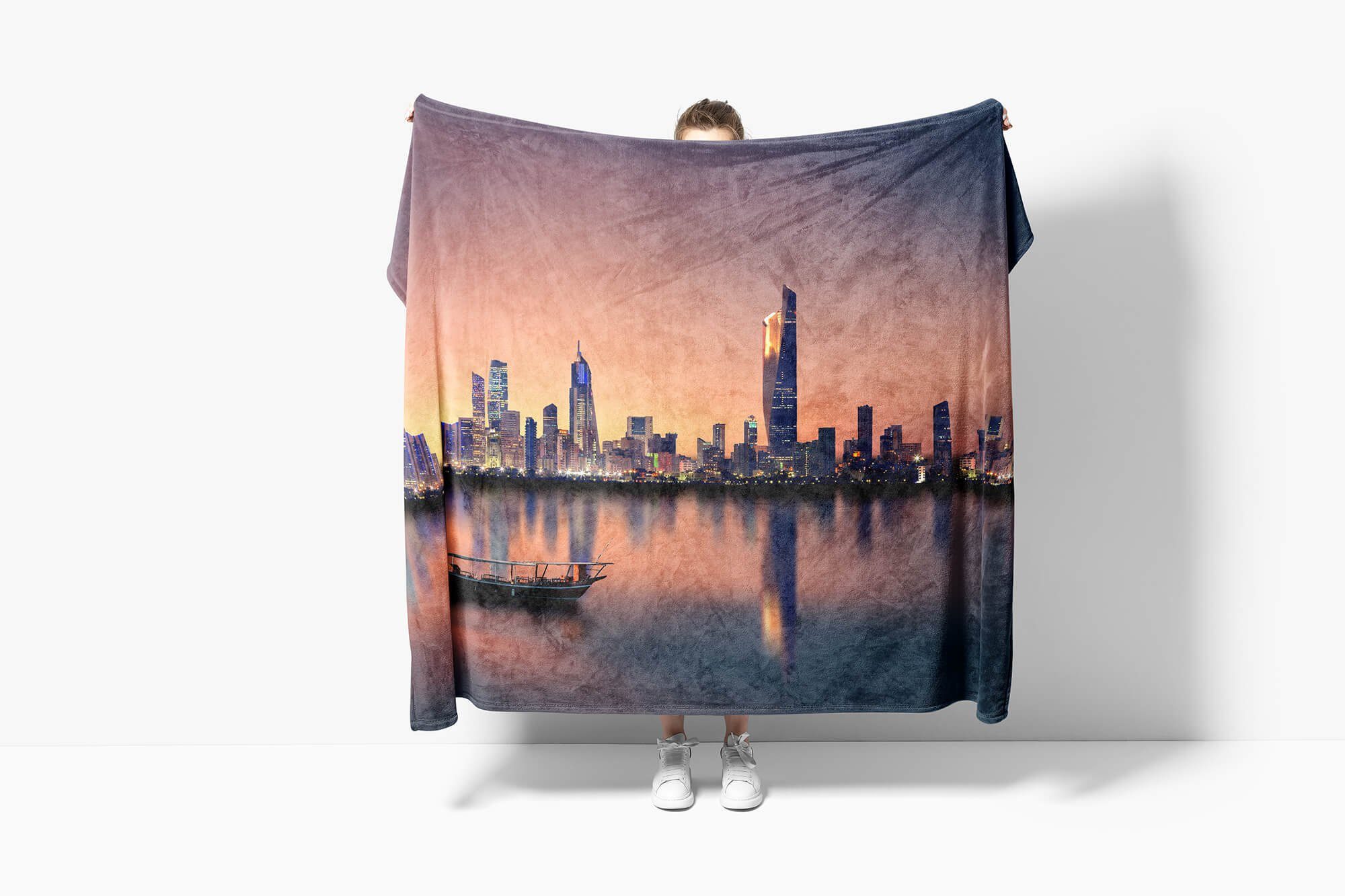 Sinus Art Handtücher Handtuch Strandhandtuch Baumwolle-Polyester-Mix mit Fotomotiv Skylin, Handtuch Kuwait (1-St), Kuscheldecke Saunatuch City